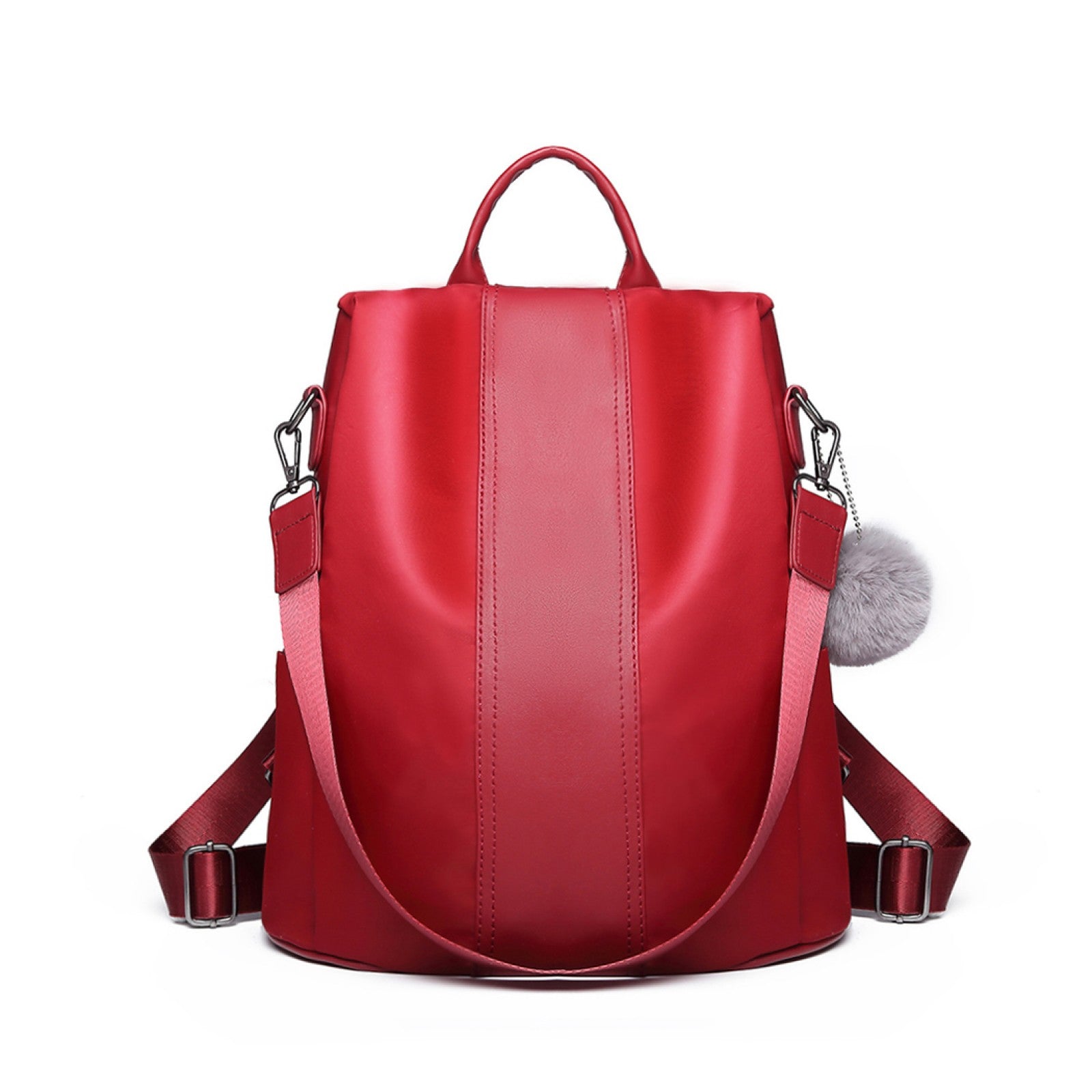 Miss Lulu Two Way Backpack Shoulder Bag with Pom Pom Pendant - Red