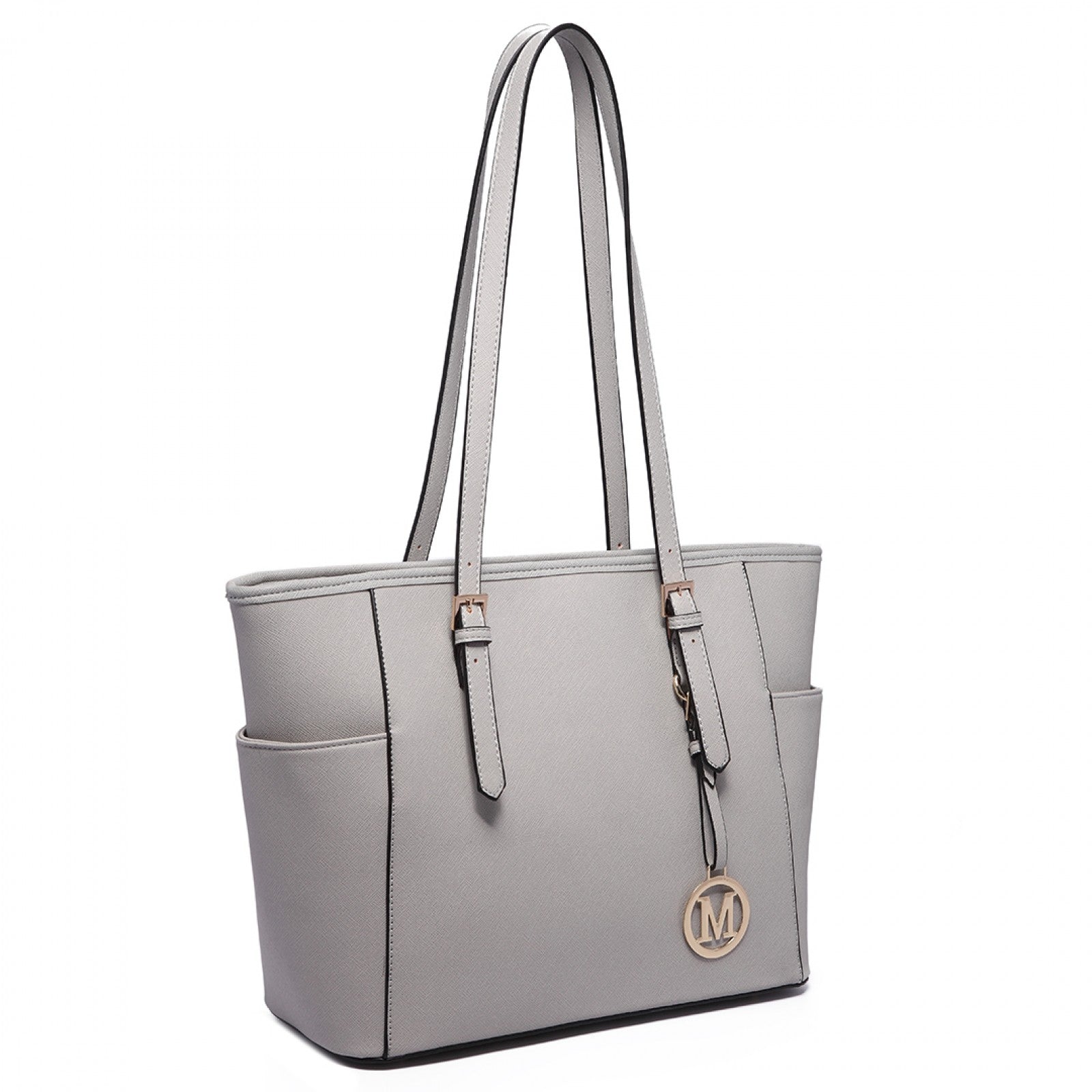 Miss Lulu Faux Leather Adjustable Handle Tote Bag - Light Grey