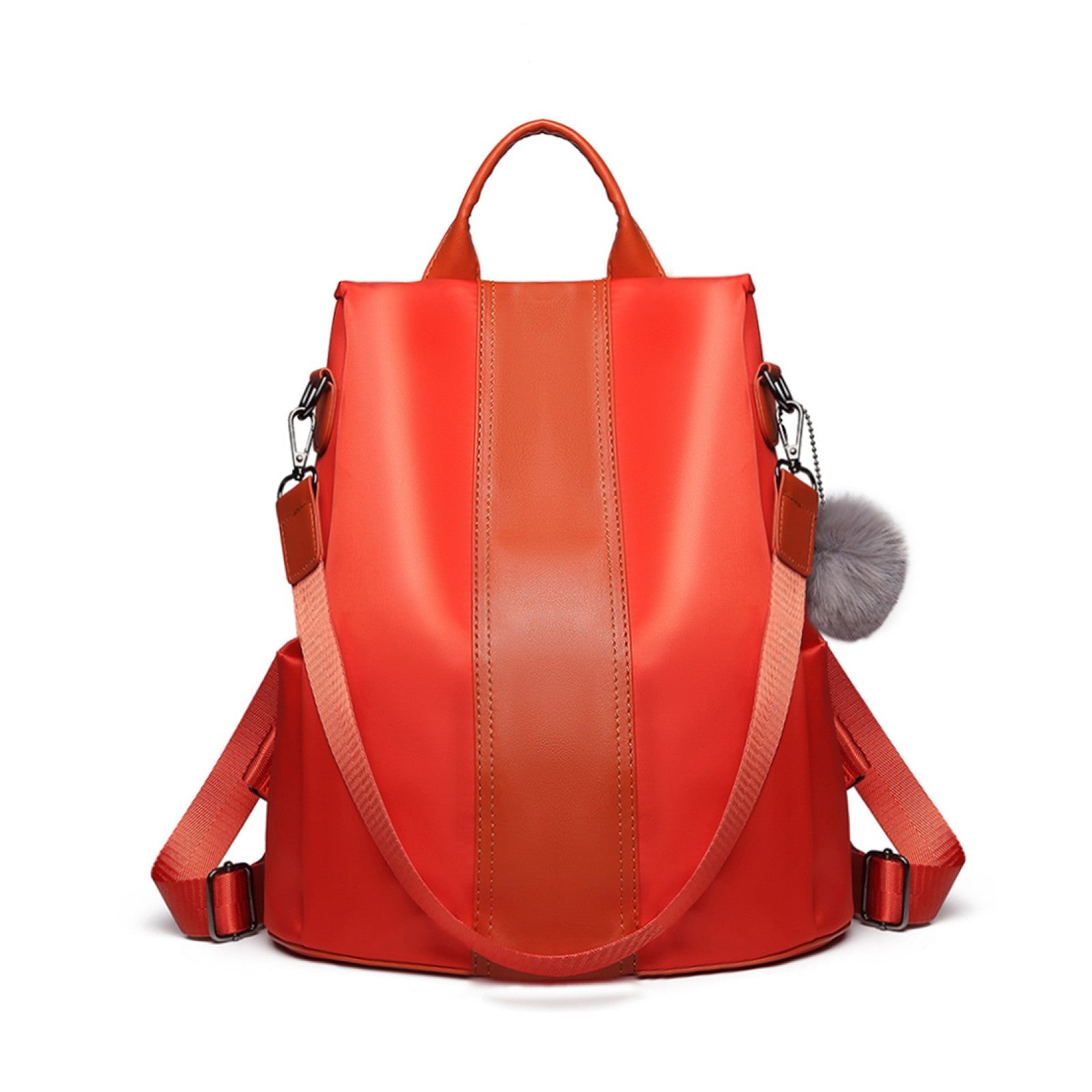 Miss Lulu Two Way Backpack Shoulder Bag with Pom Pom Pendant - Orange