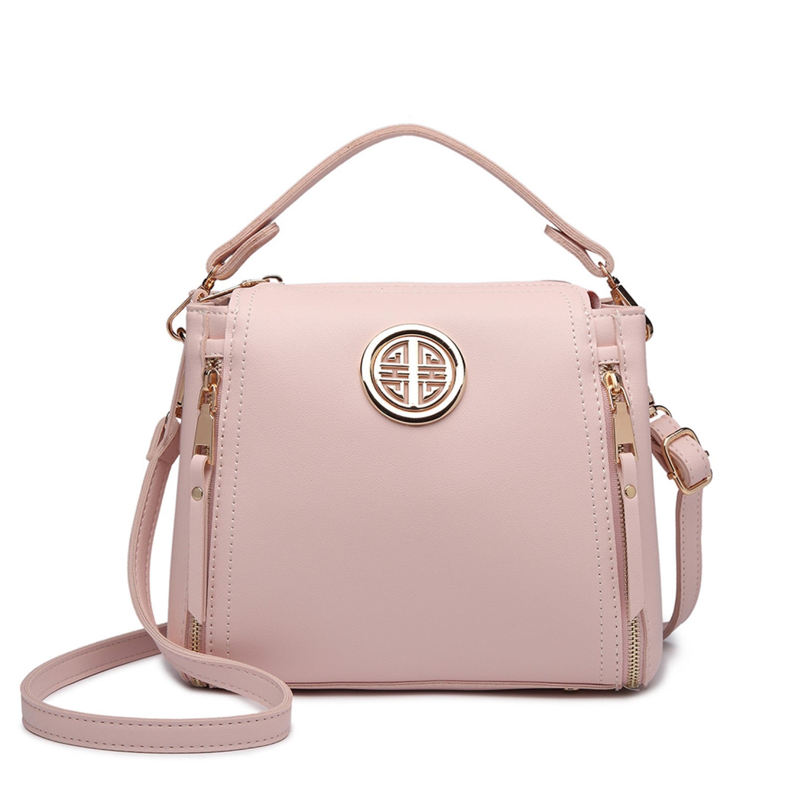 Miss Lulu Leather Look Dual Zipped Handbag - Pink