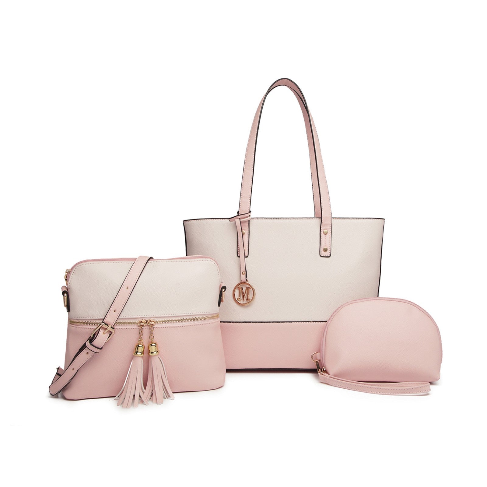 Miss Lulu Elegant 3-Piece Leather Look Tote Bag Set - Versatile & Chic for Every Occasion - Pink And Beige