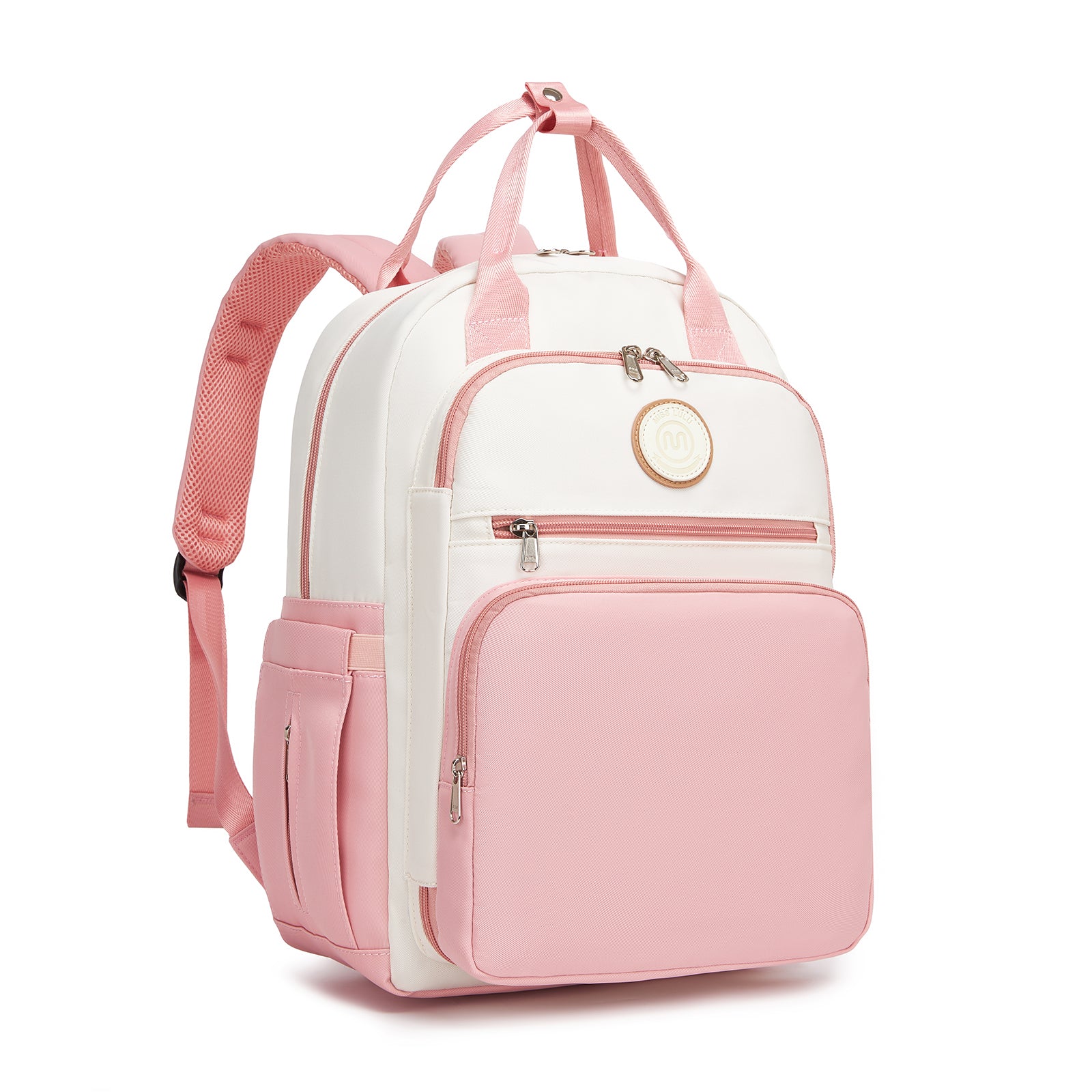 Miss Lulu Stylish Multifunctional Baby Changing Backpack with Insulated Bottle Holders, Stroller Clips & Trolley Sleeve for Everyday & Travel - Pink and Beige