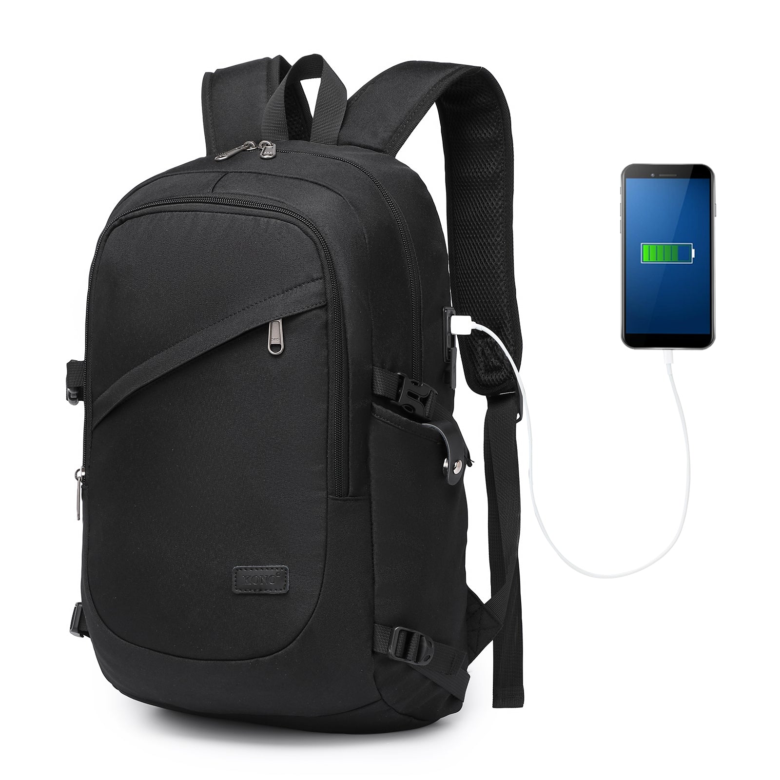 Kono Minimalist Design Tech Backpack with USB & Type-C Port and Laptop Compartment - Black