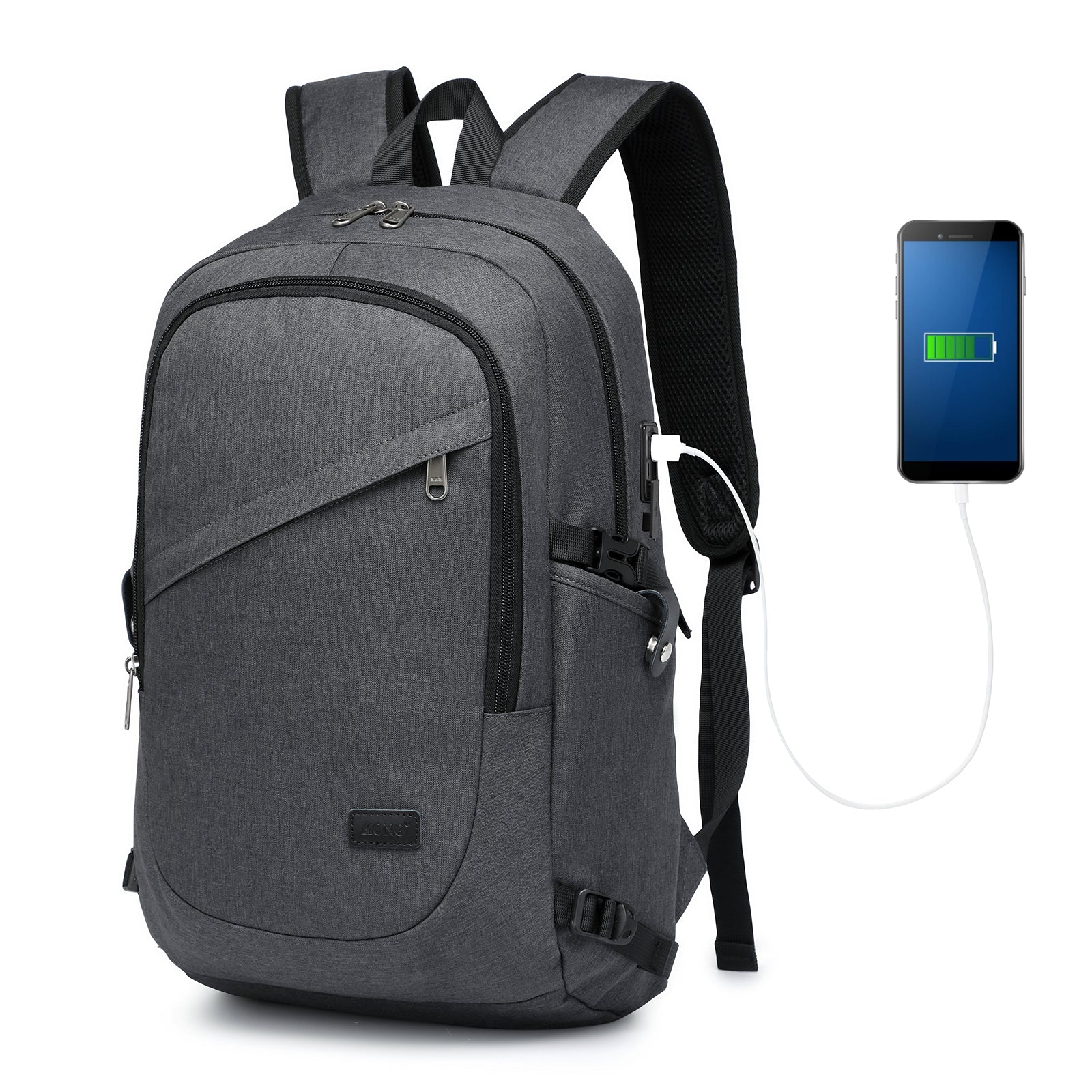 Kono Minimalist Design Tech Backpack with USB & Type-C Port and Laptop Compartment - Dark Grey