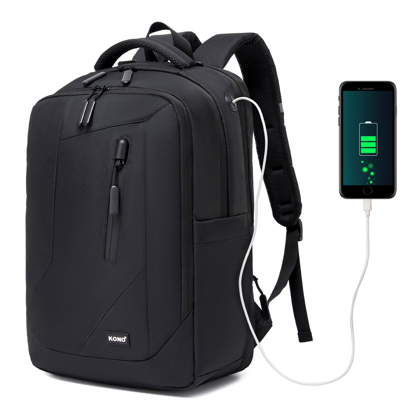 Kono Laptop Backpack with 15.6" Laptop Compartment, Stylish Commuter Bag with Reflective Straps - Black