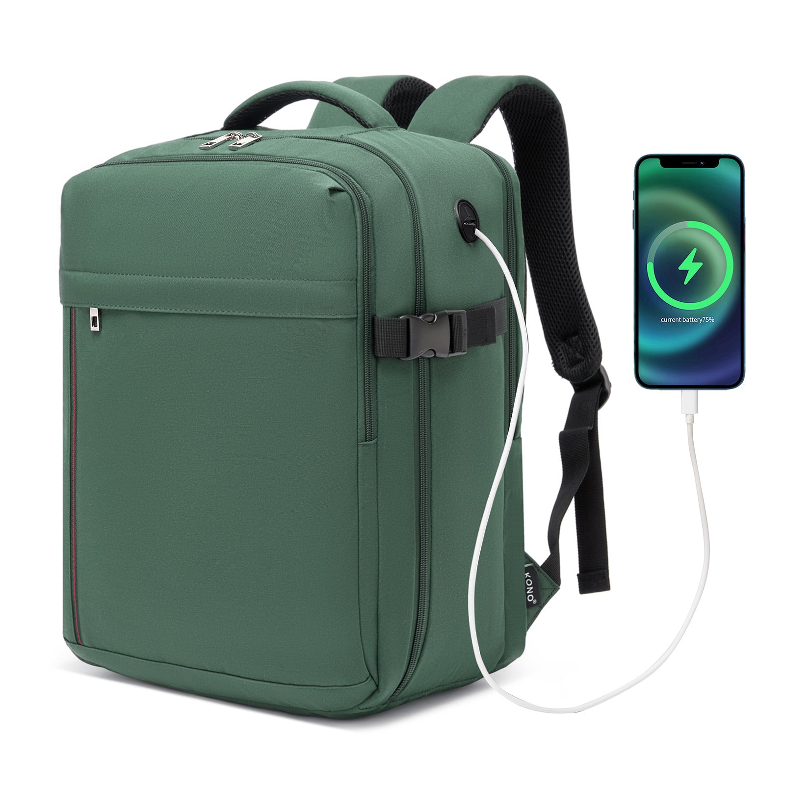 Kono Spacious and Organised Personal-Item Backpack (40×30×20) with 15.6" Laptop Sleeve, Clamshell Main - Green