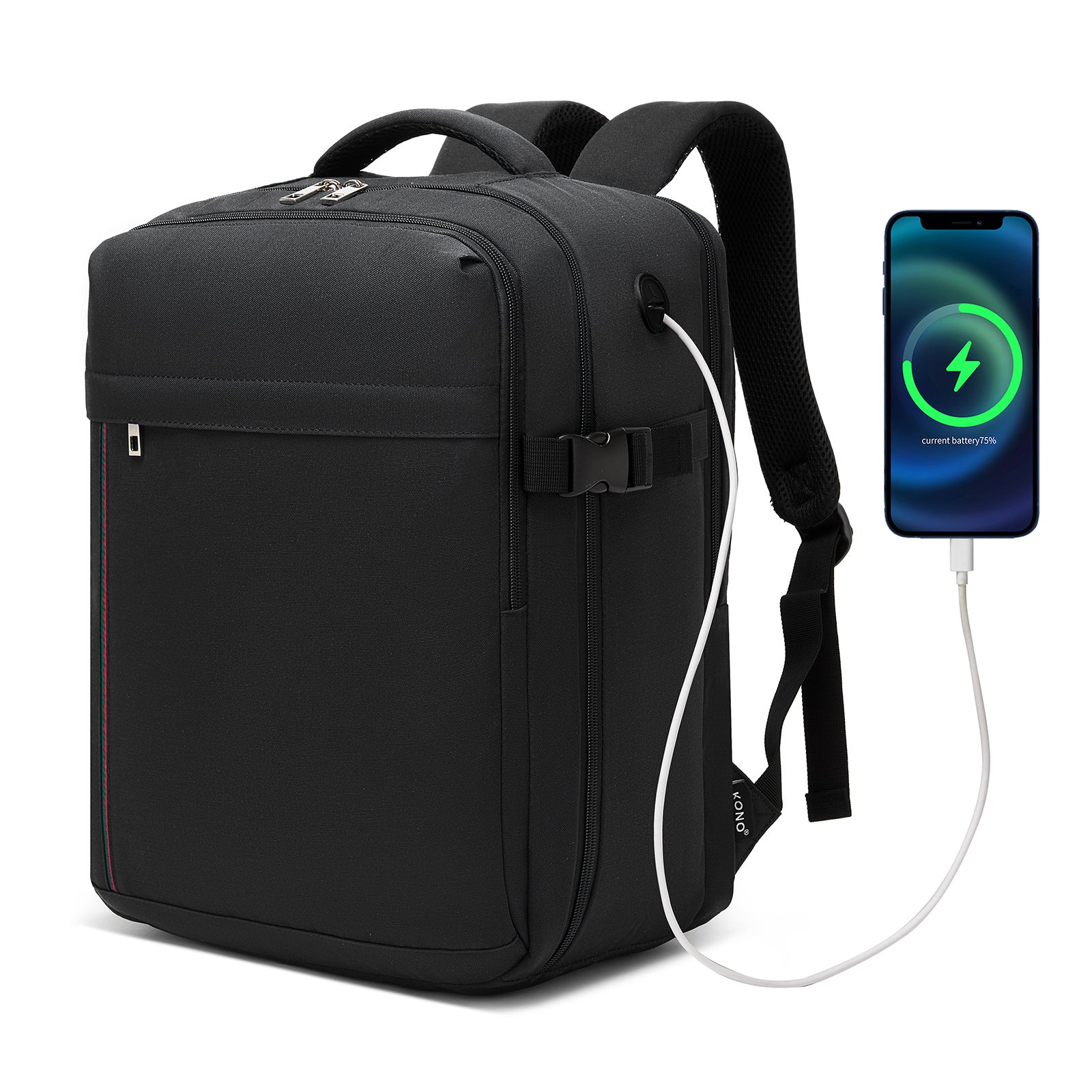 Kono Spacious and Organised Personal-Item Backpack (40×30×20) with 15.6" Laptop Sleeve, Clamshell Main - Black
