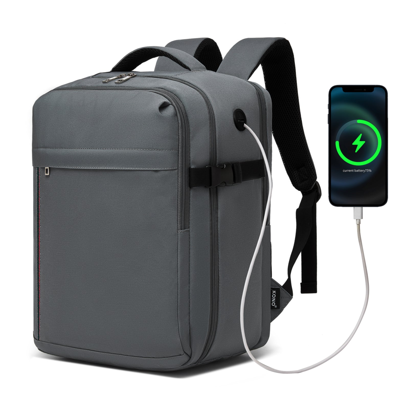 Kono Spacious and Organised Personal-Item Backpack (40×30×20) with 15.6" Laptop Sleeve, Clamshell Main - Grey