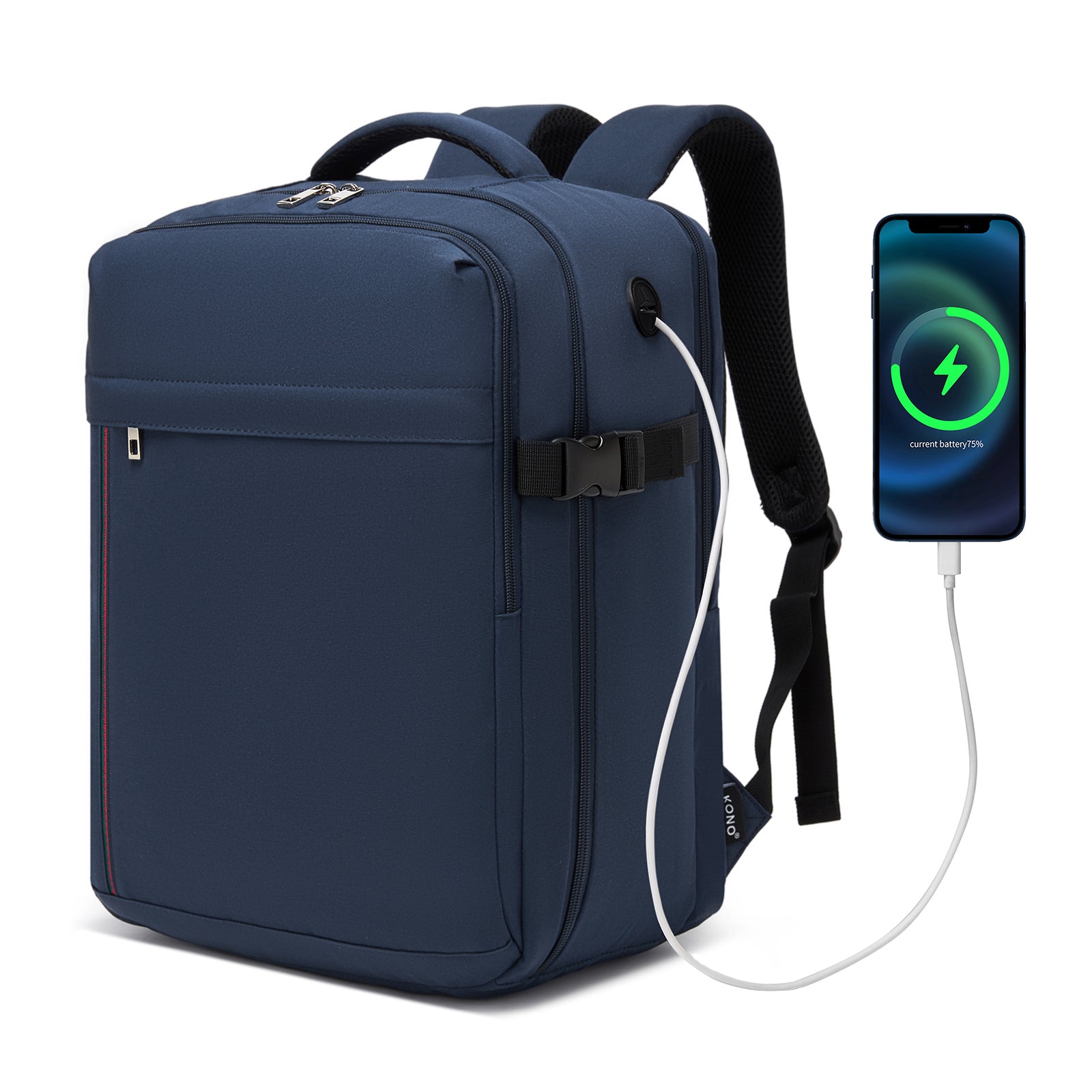 Kono Spacious and Organised Personal-Item Backpack (40×30×20) with 15.6" Laptop Sleeve, Clamshell Main - Navy