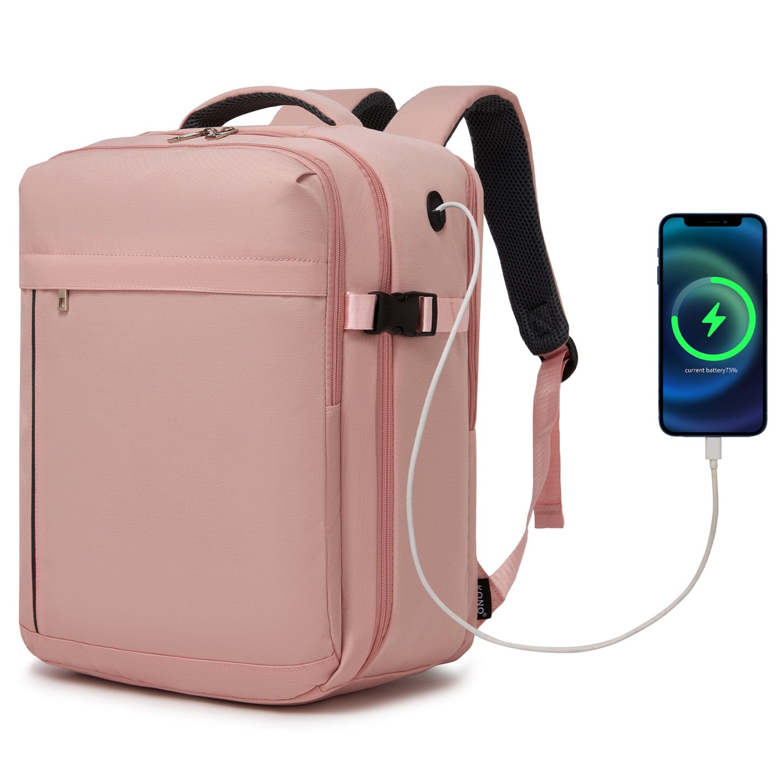 Kono Spacious and Organised Personal-Item Backpack (40×30×20) with 15.6" Laptop Sleeve, Clamshell Main - Pink