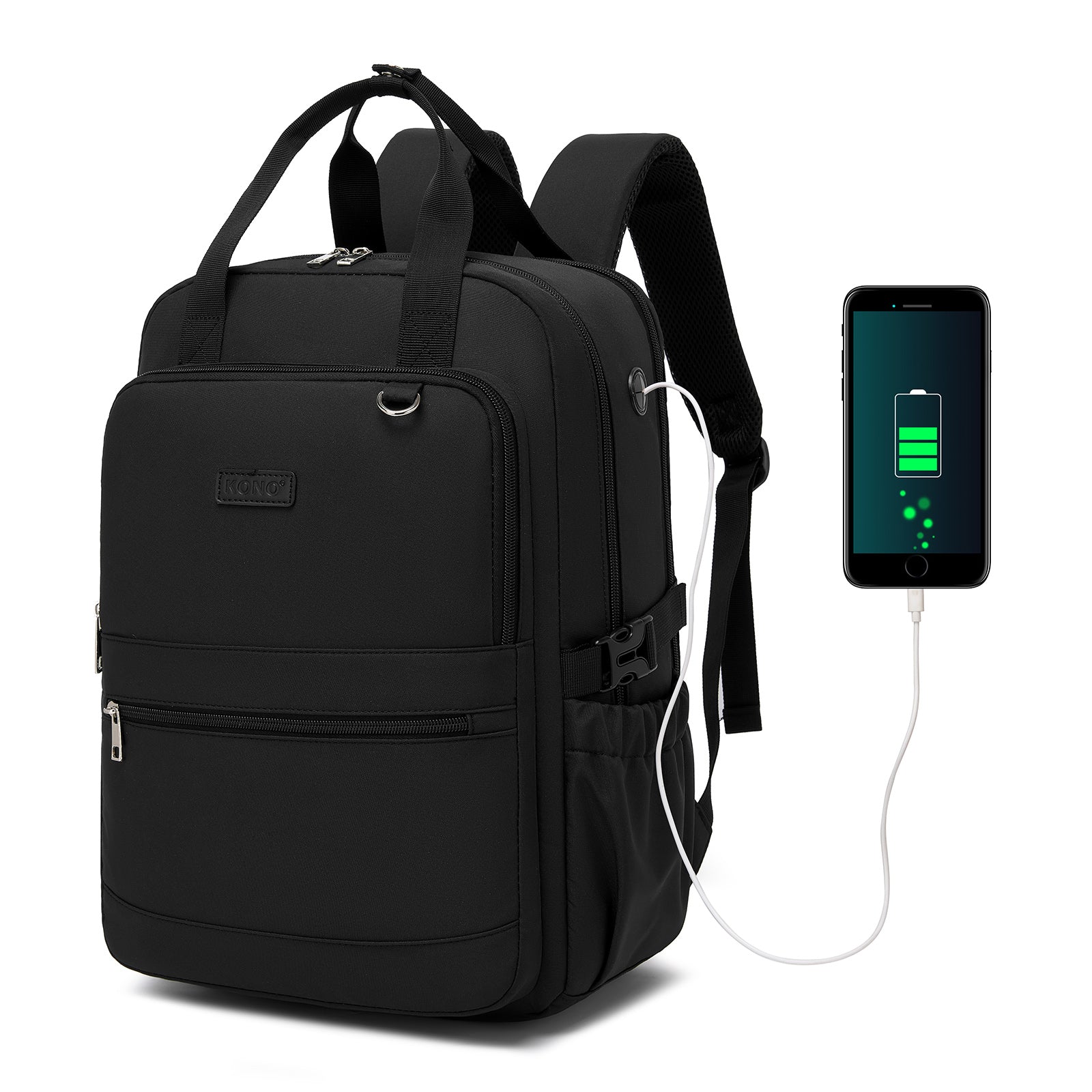 Kono Functional Water-Resistant Laptop Backpack, Trendy Design with Padded Sleeve and Multiple Practical Compartments - Black