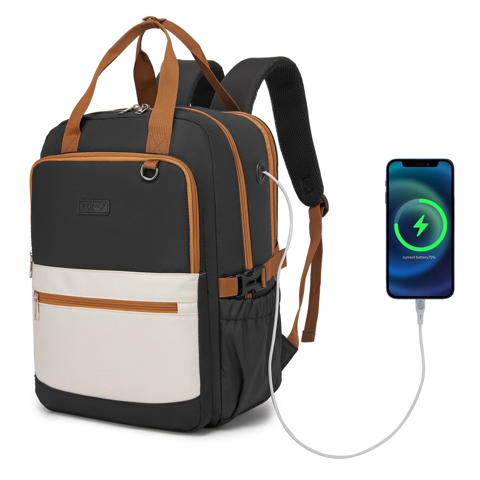Kono Functional Water-Resistant Laptop Backpack, Trendy Design with Padded Sleeve and Multiple Practical Compartments - Black and Beige