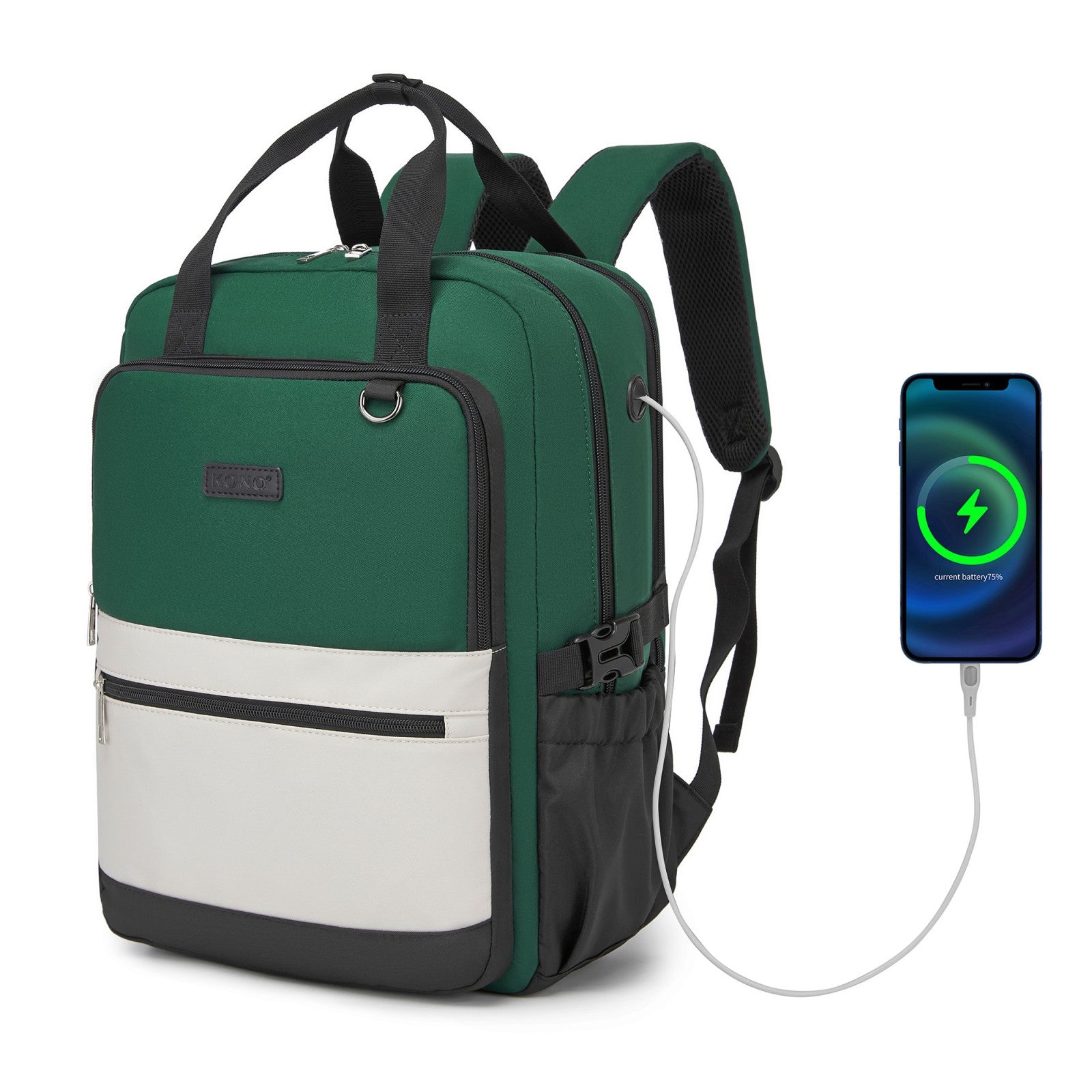 Kono Functional Water-Resistant Laptop Backpack, Trendy Design with Padded Sleeve and Multiple Practical Compartments - Green and Beige