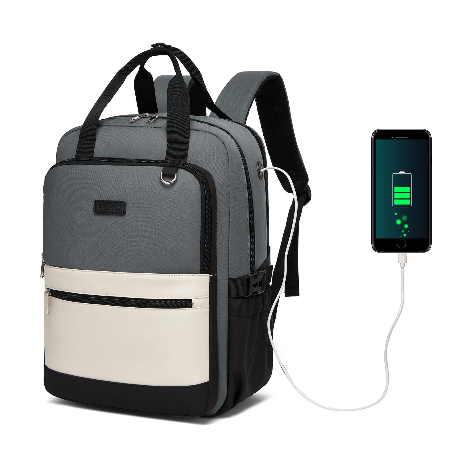 Kono Functional Water-Resistant Laptop Backpack, Trendy Design with Padded Sleeve and Multiple Practical Compartments - Grey and Beige