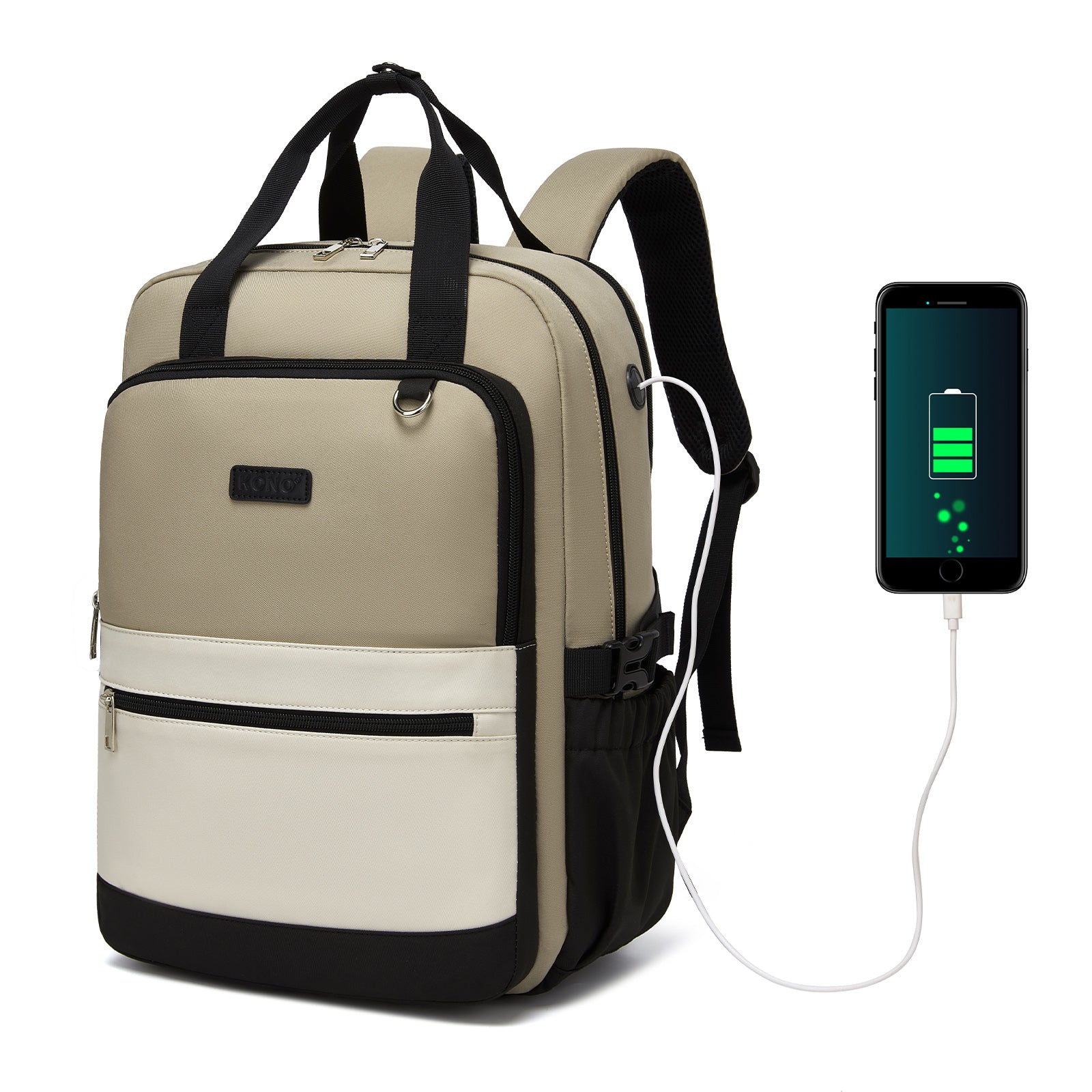 Kono Functional Water-Resistant Laptop Backpack, Trendy Design with Padded Sleeve and Multiple Practical Compartments - Khaki and Beige