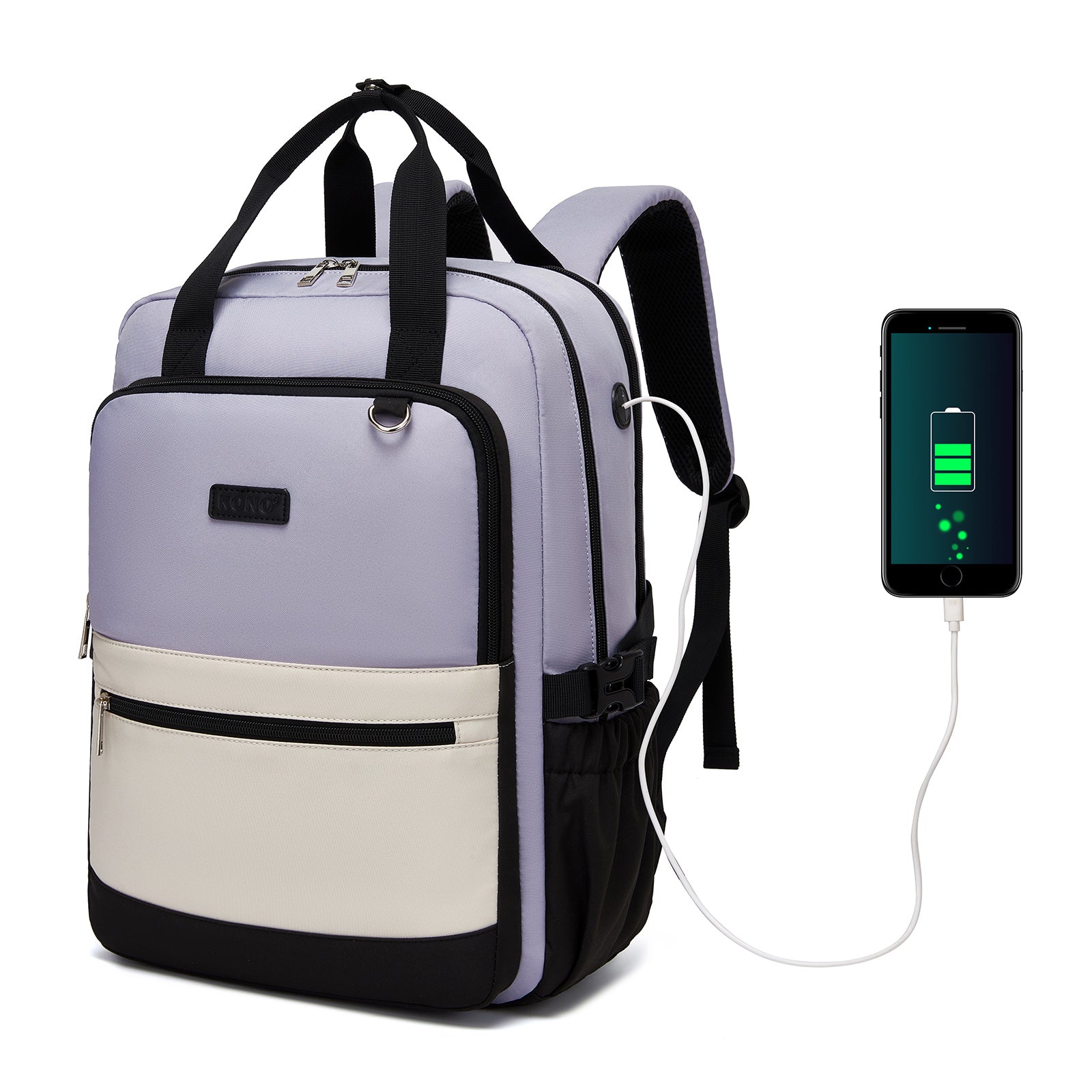 Kono Functional Water-Resistant Laptop Backpack, Trendy Design with Padded Sleeve and Multiple Practical Compartments - Purple and Beige