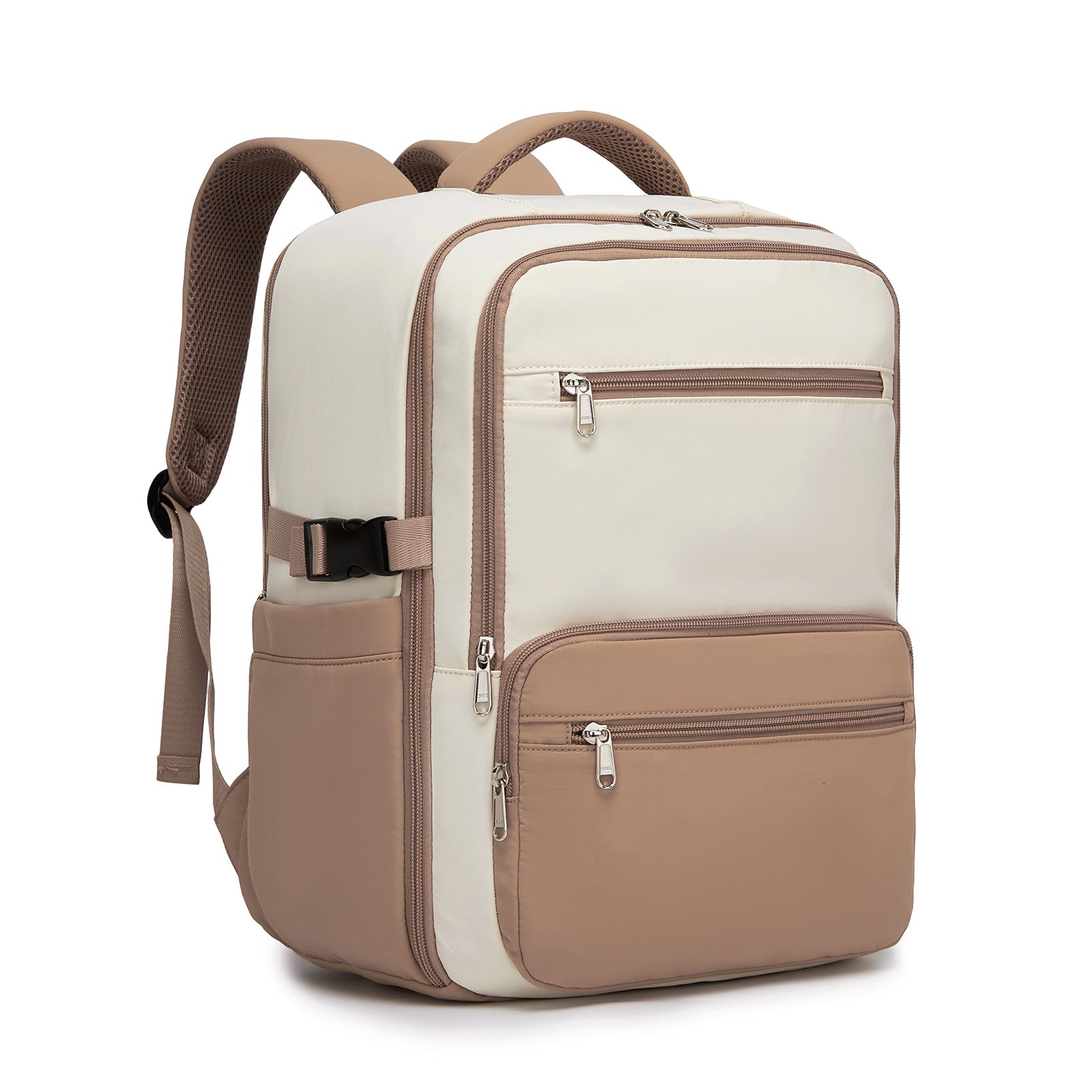 Kono Compact 15.6" Laptop Travel Backpack - 40x30x20cm, Fits Under Seat Storage, with Trolley Sleeve - Beige and Khaki