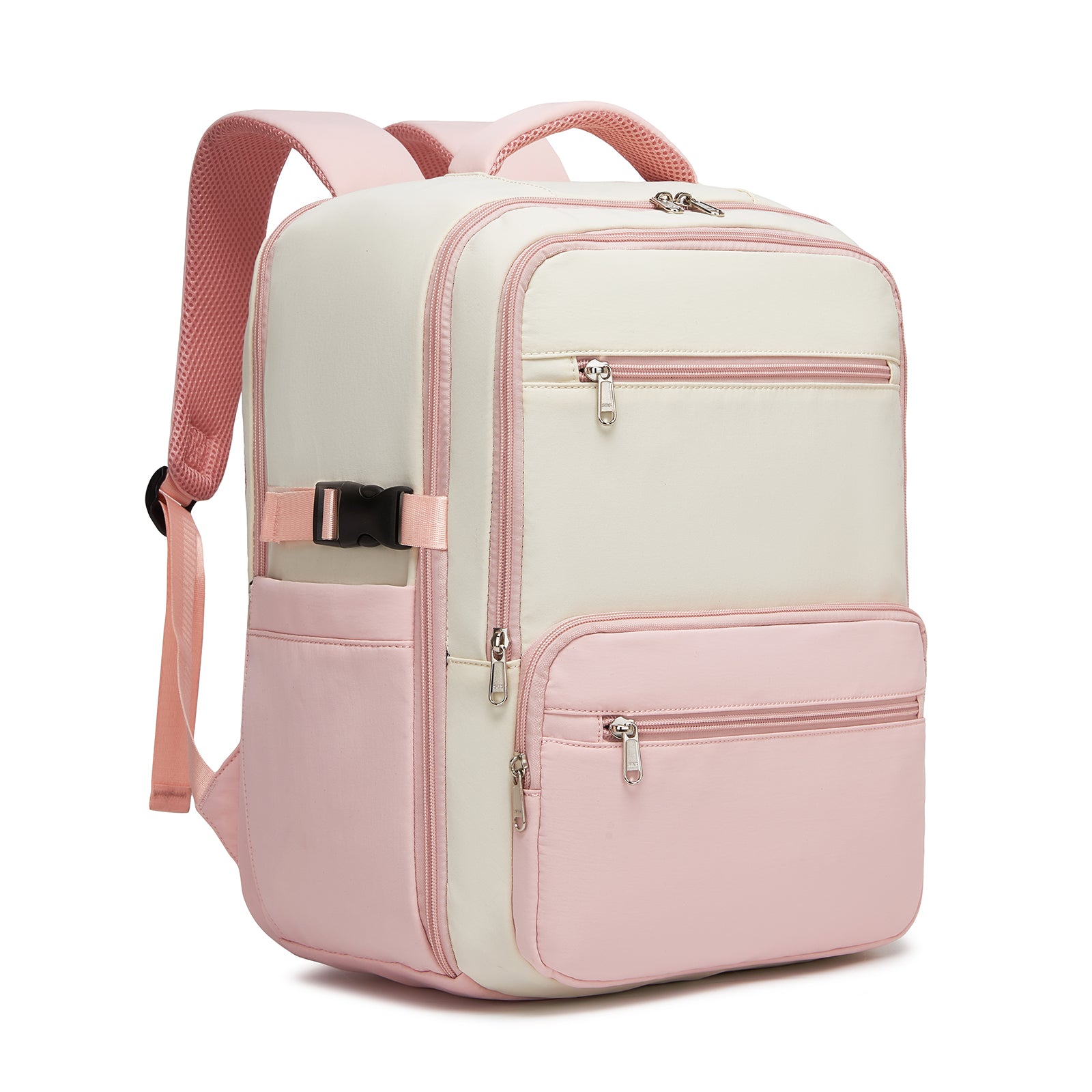Kono Compact 15.6" Laptop Travel Backpack - 40x30x20cm, Fits Under Seat Storage, with Trolley Sleeve - Beige and Pink