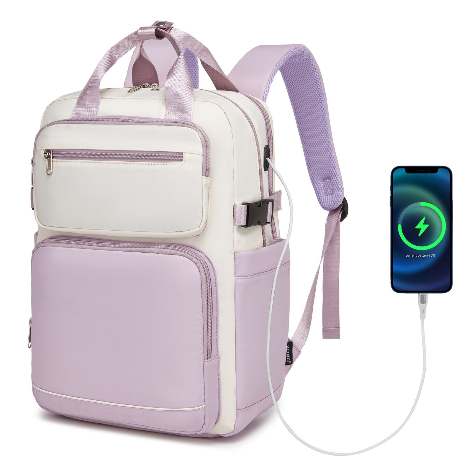 Kono Spacious Water-Resistant Laptop Backpack for Travel & Commuting - 15.6" Padded Laptop Compartment, Reflective Strip - Beige and Purple