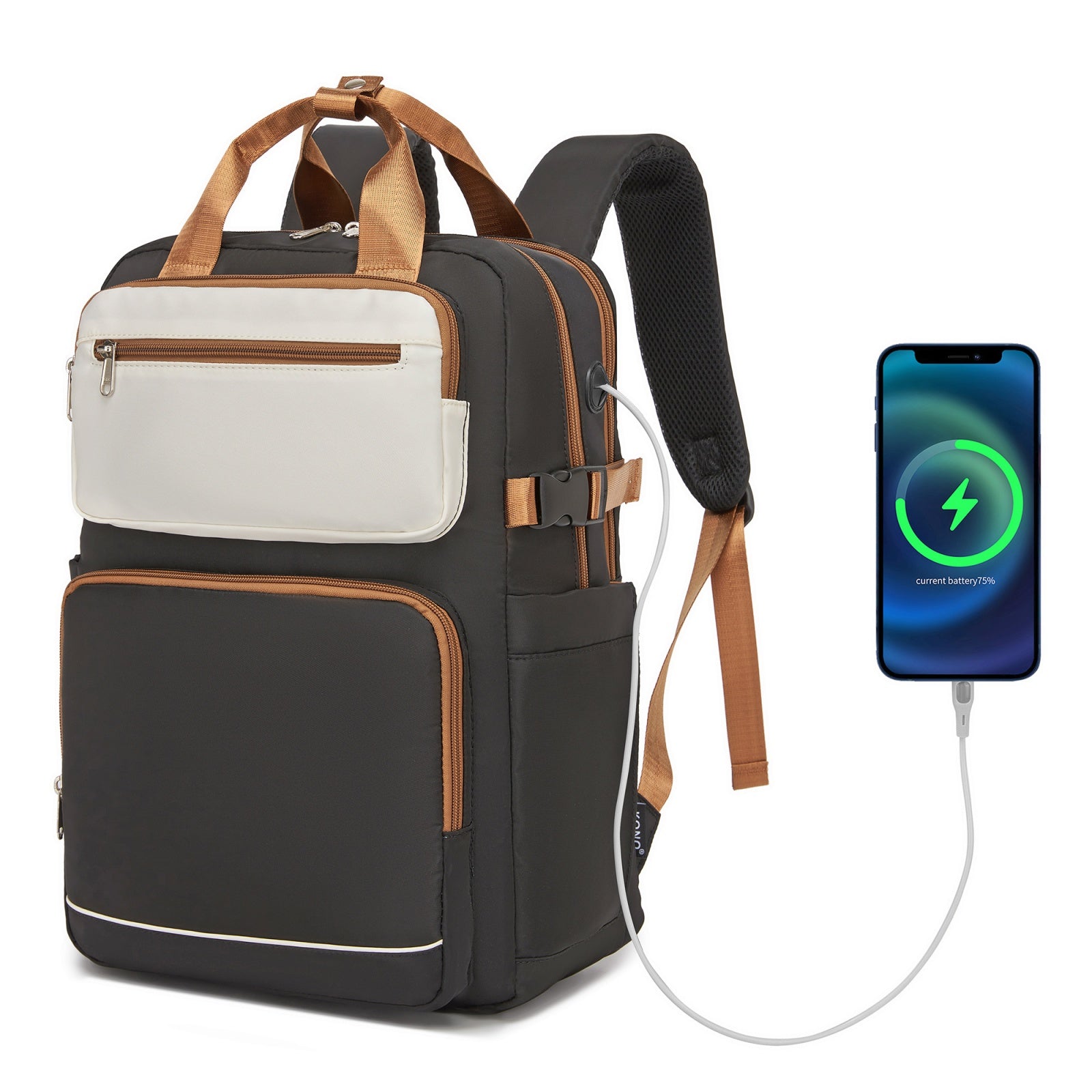 Kono Spacious Water-Resistant Laptop Backpack for Travel & Commuting - 15.6" Padded Laptop Compartment, Reflective Strip - Black and Beige