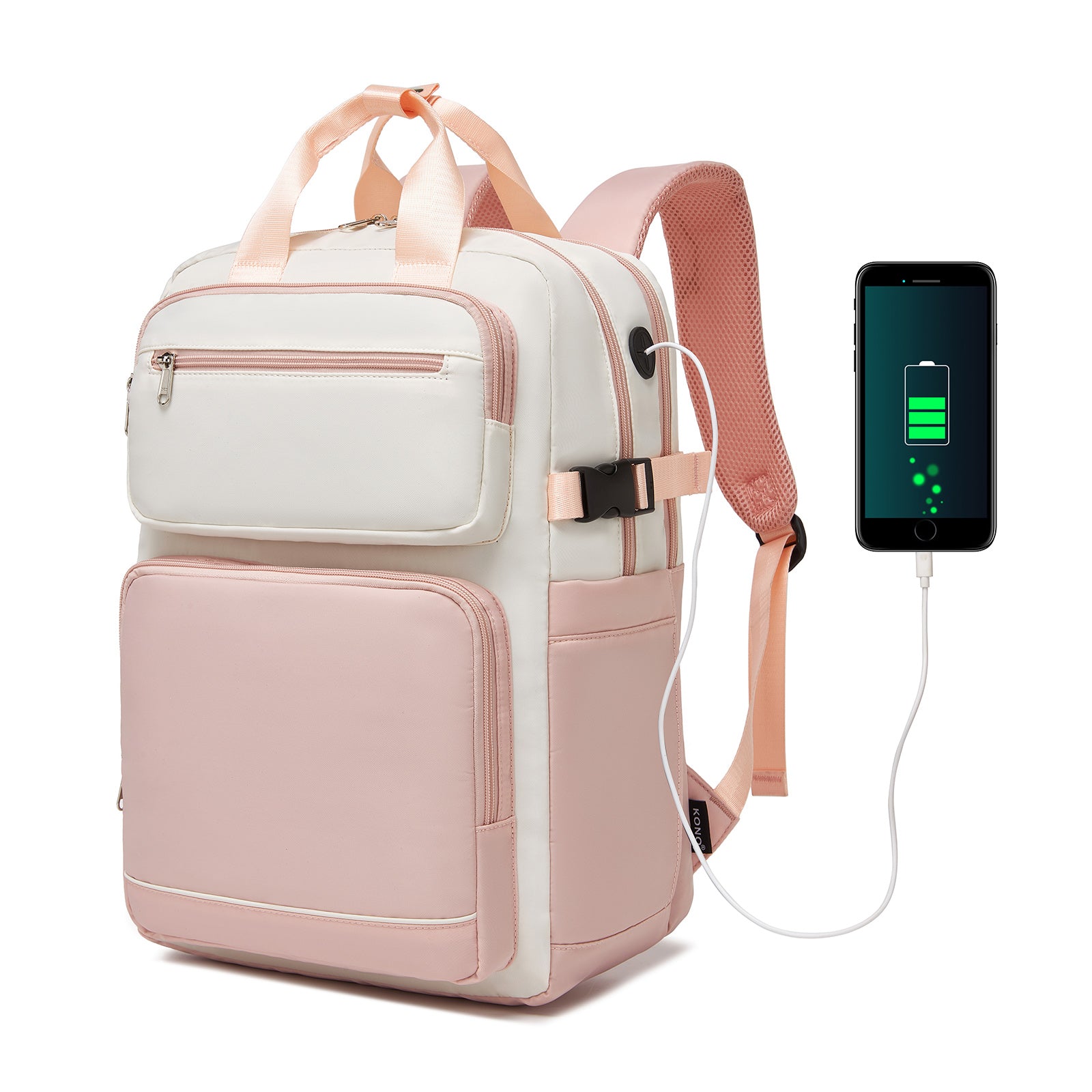 Kono Spacious Water-Resistant Laptop Backpack for Travel & Commuting - 15.6" Padded Laptop Compartment, Reflective Strip - Beige and Pink