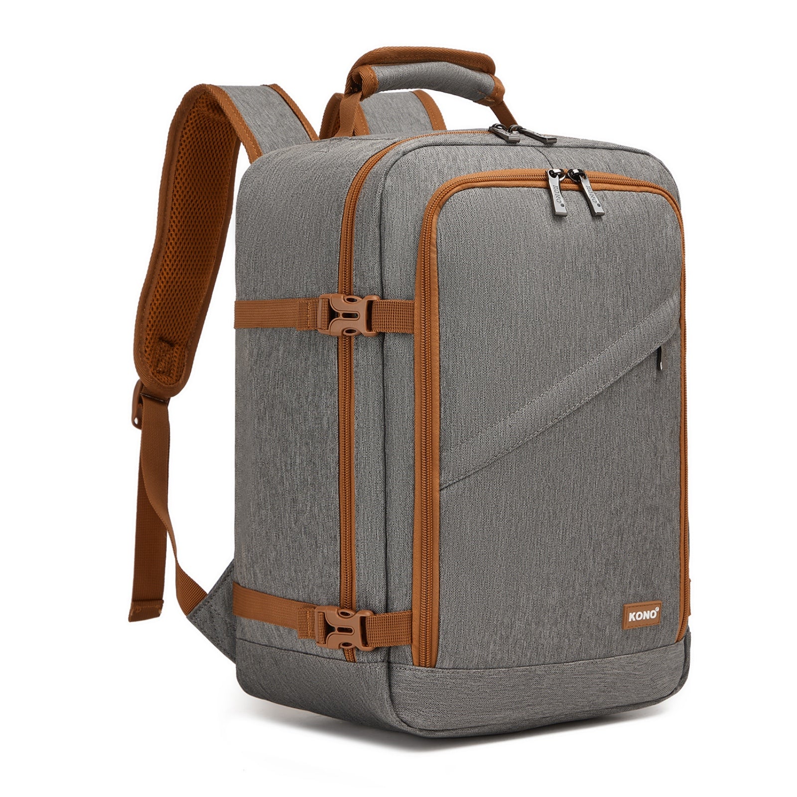Kono Flexible Cabin Backpack 30×20×40-Fits 15.6" Laptop, Clamshell Access-Great for Holidays, Work Trips & Commuting - Grey and Brown