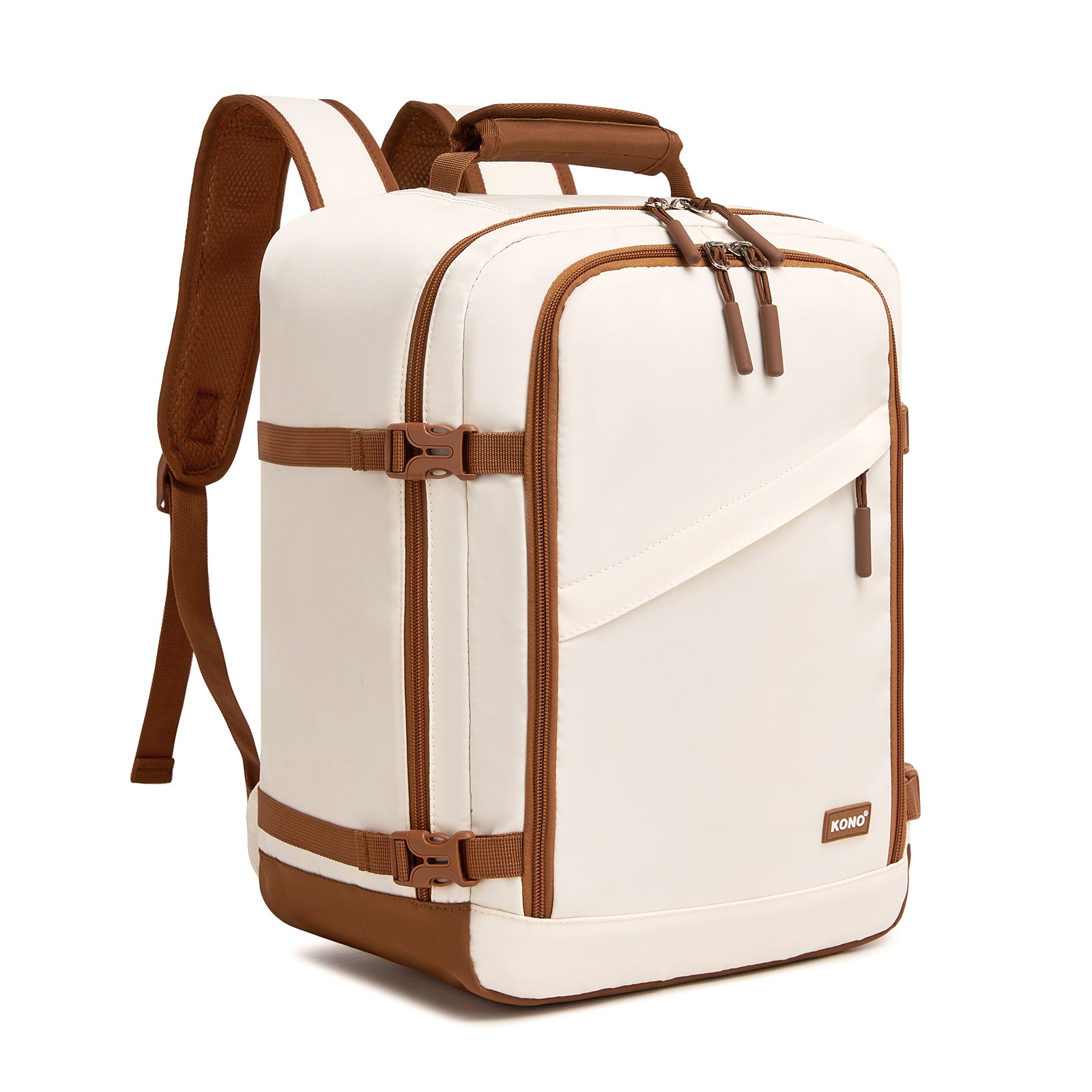 Kono Colour-Block Organised Cabin Backpack 40×30×20 – Spacious, Clamshell, 15.6? Laptop, Travel & Commute Ready - Beige and Brown