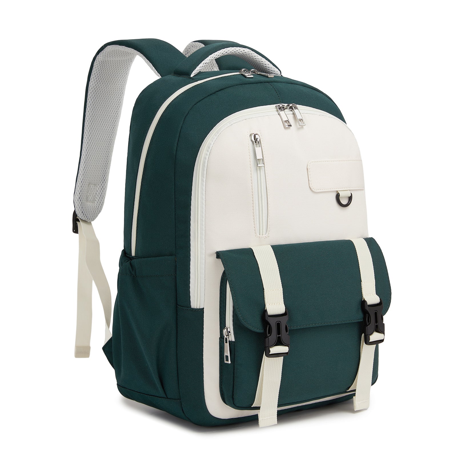 KONO Durable Water-Resistant Kids Backpack with Padded Laptop Sleeve and Multi-Pocket Organization for School - Green and Beige