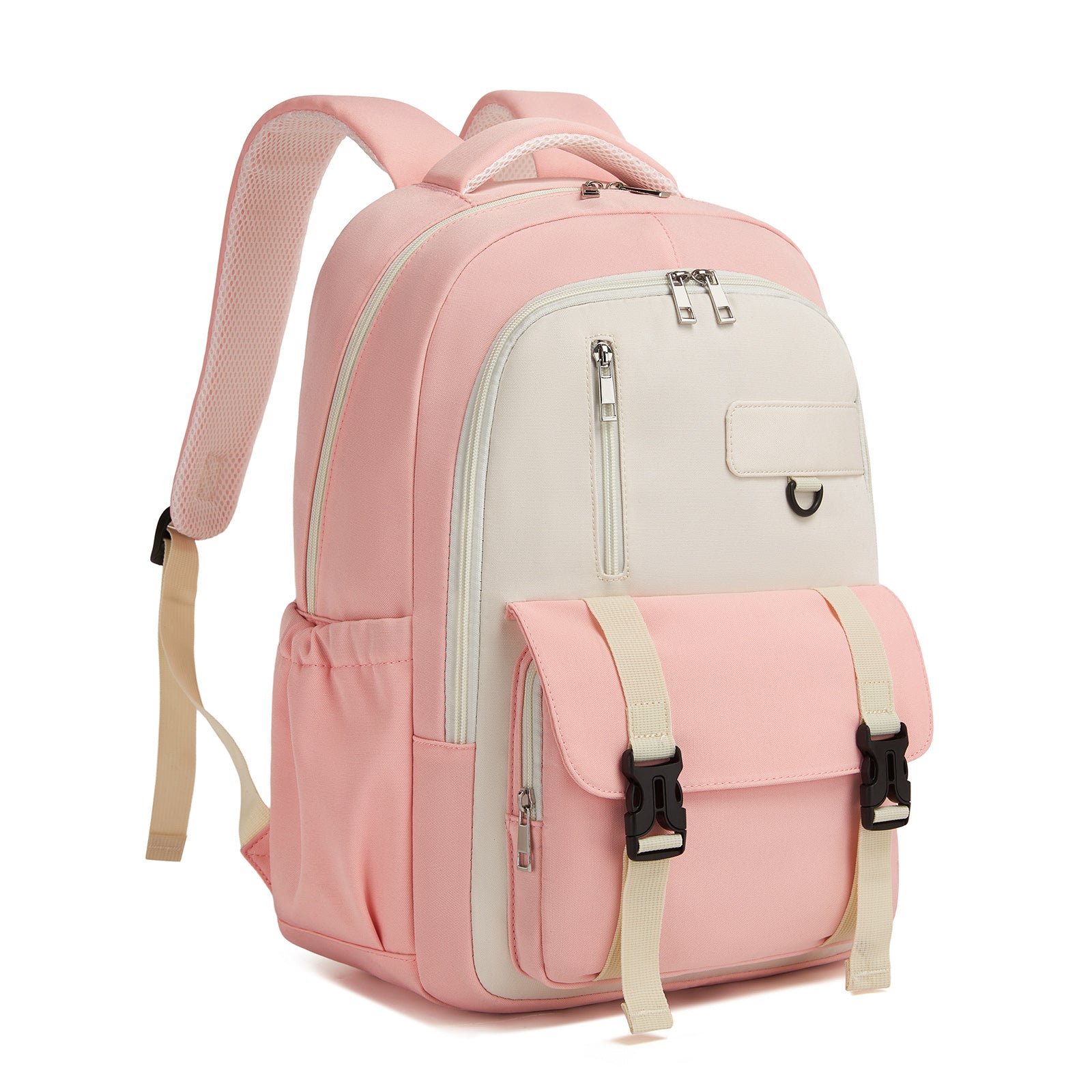 KONO Durable Water-Resistant Kids Backpack with Padded Laptop Sleeve and Multi-Pocket Organization for School - Pink and Beige