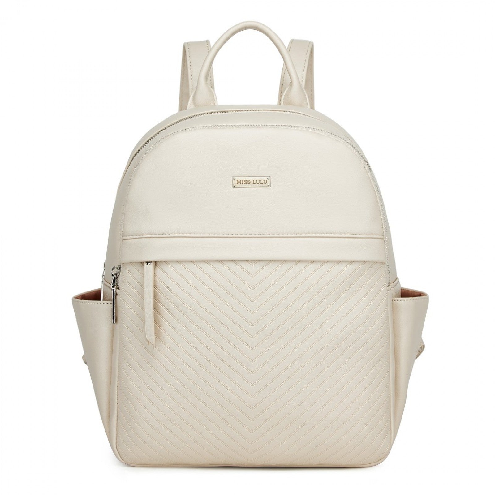 Miss Lulu Stylish PU Leather Backpack with Anti-Theft Back Zipper for Work, Travel & Daily Use - Beige