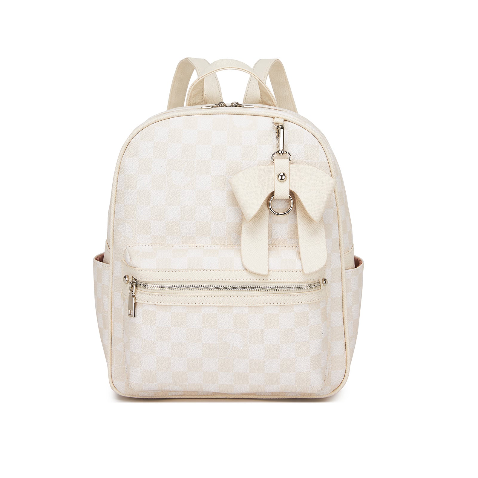 Miss Lulu Checked PVC Backpack with Detachable Bow, Casual Women’s Daypack for School, Travel & Daily Use - Beige