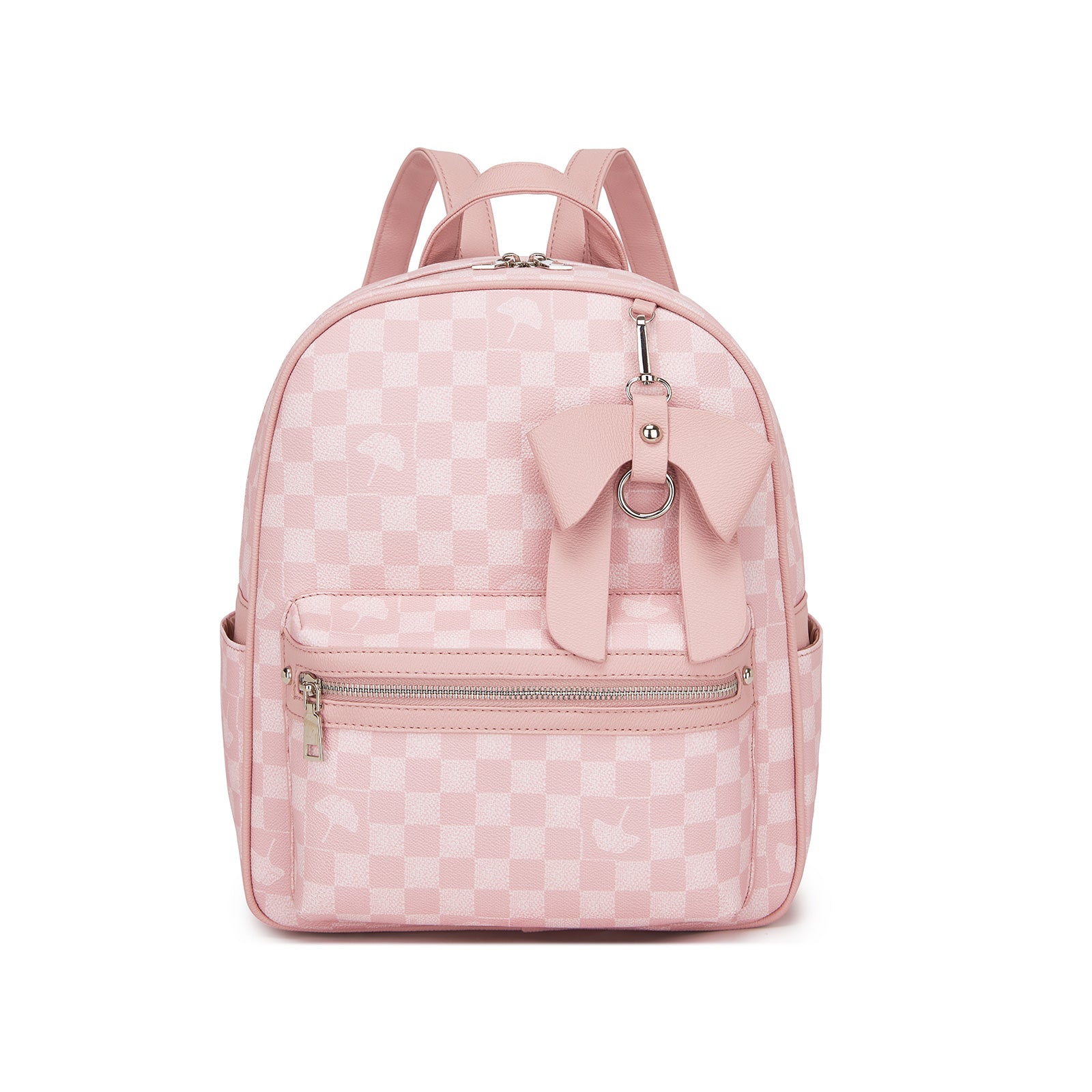 Miss Lulu Checked PVC Backpack with Detachable Bow, Casual Women’s Daypack for School, Travel & Daily Use - Pink
