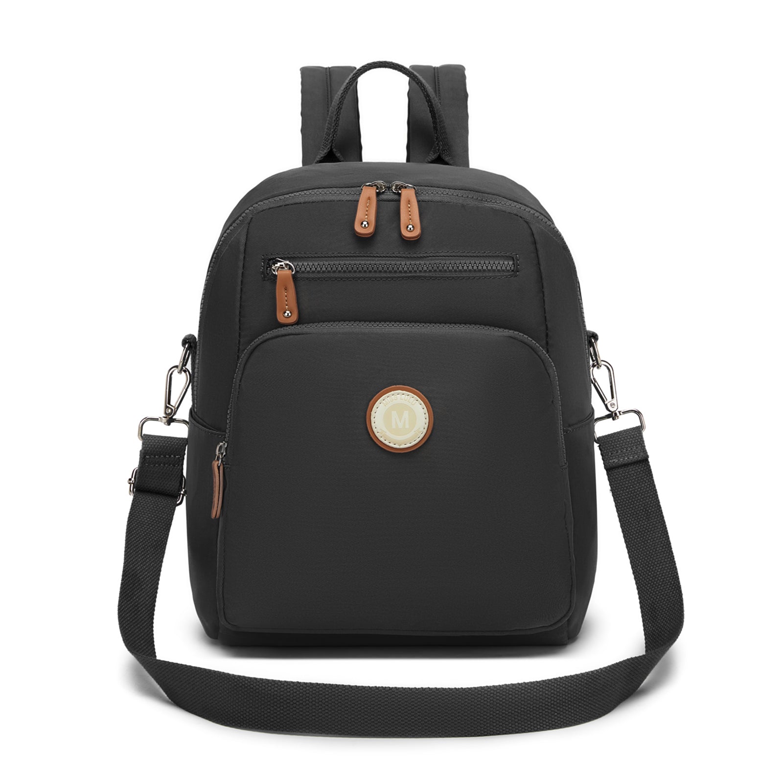 Miss Lulu Women's Backpack, Water-Resistant Nylon Convertible Shoulder and Crossbody Bag for Travel Work - Black