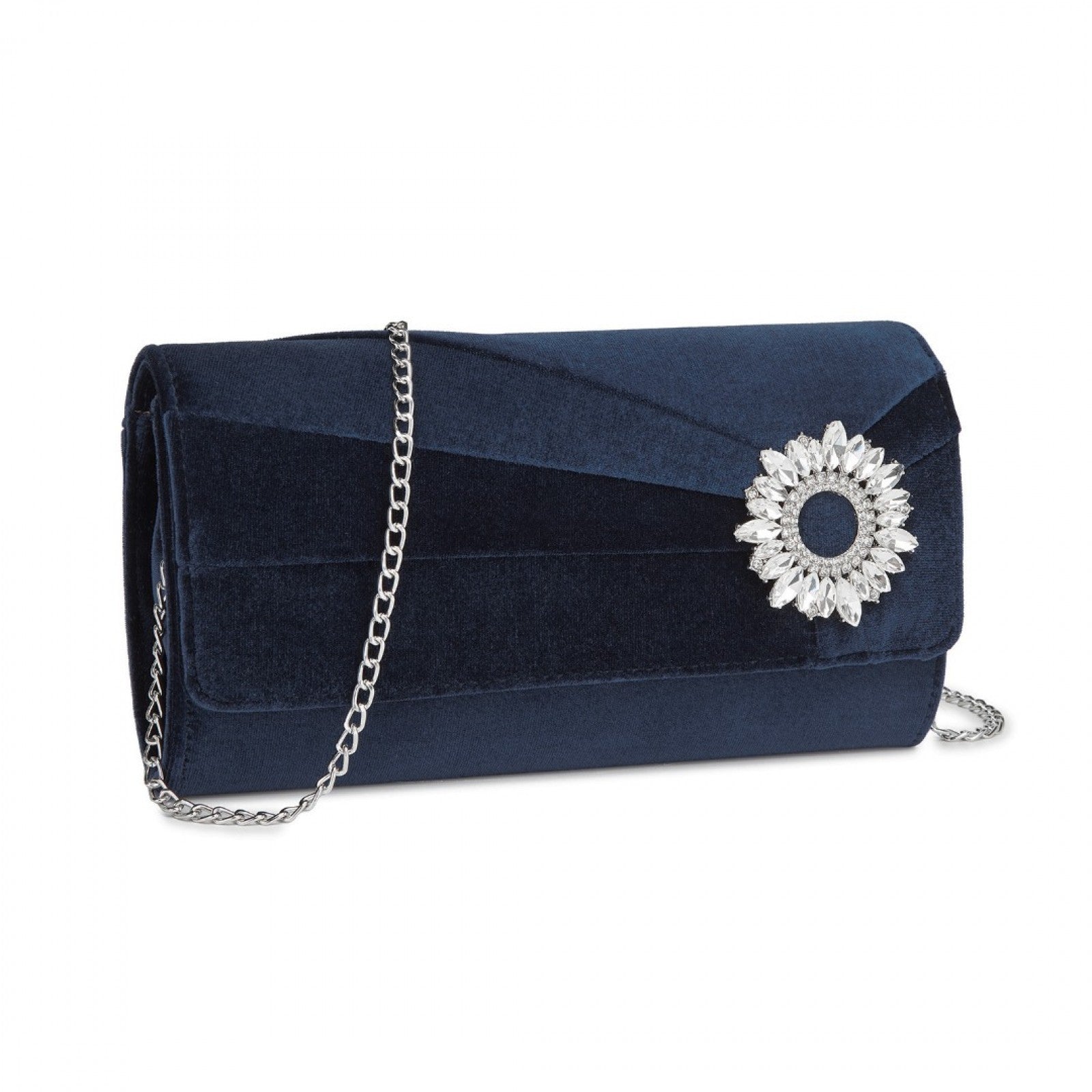 Miss Lulu Elegant Velvet Evening Clutch with Crystal Ring & Detachable Chain Strap - Versatile Shoulder or Handheld Bag - Navy