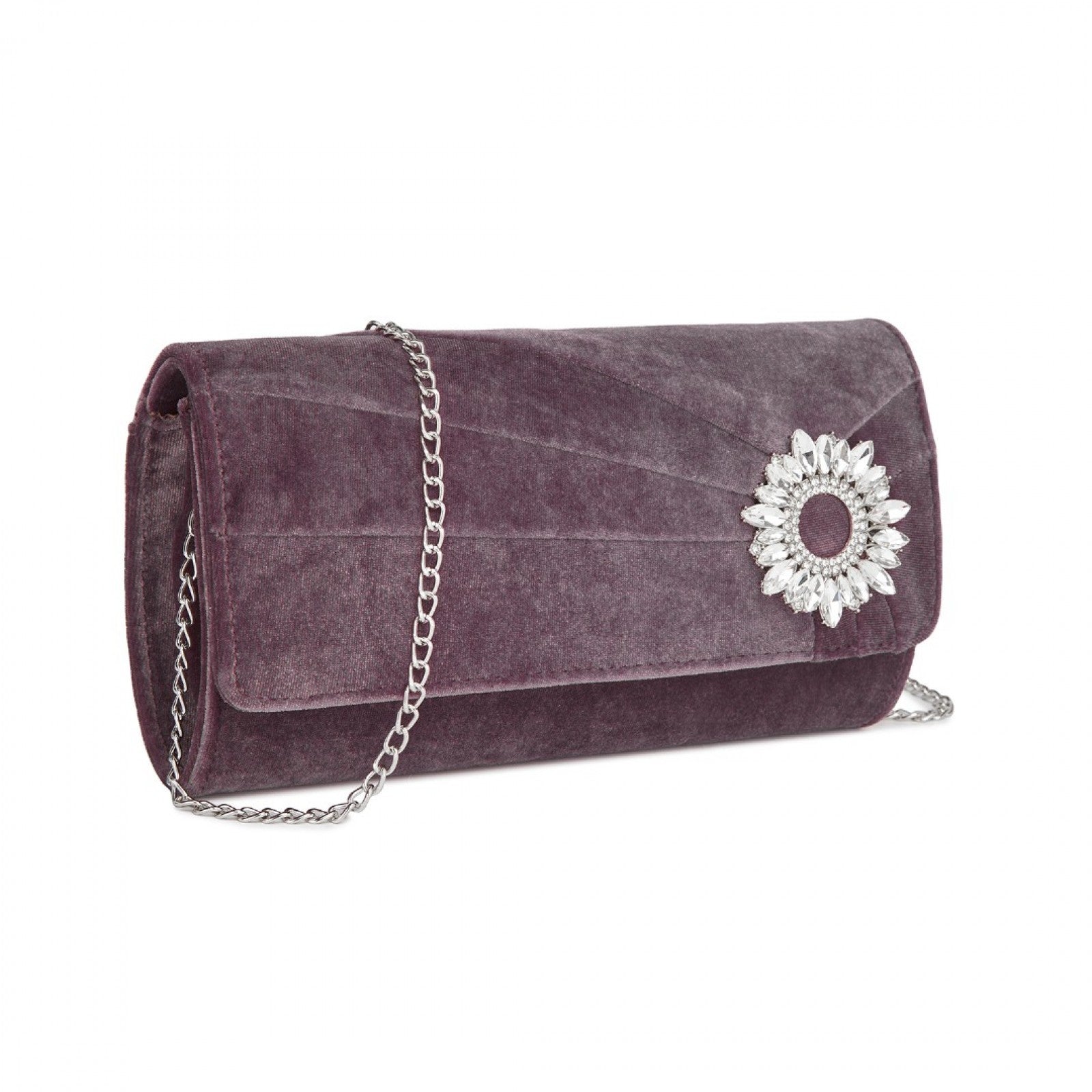Miss Lulu Elegant Velvet Evening Clutch with Crystal Ring & Detachable Chain Strap - Versatile Shoulder or Handheld Bag - Purple