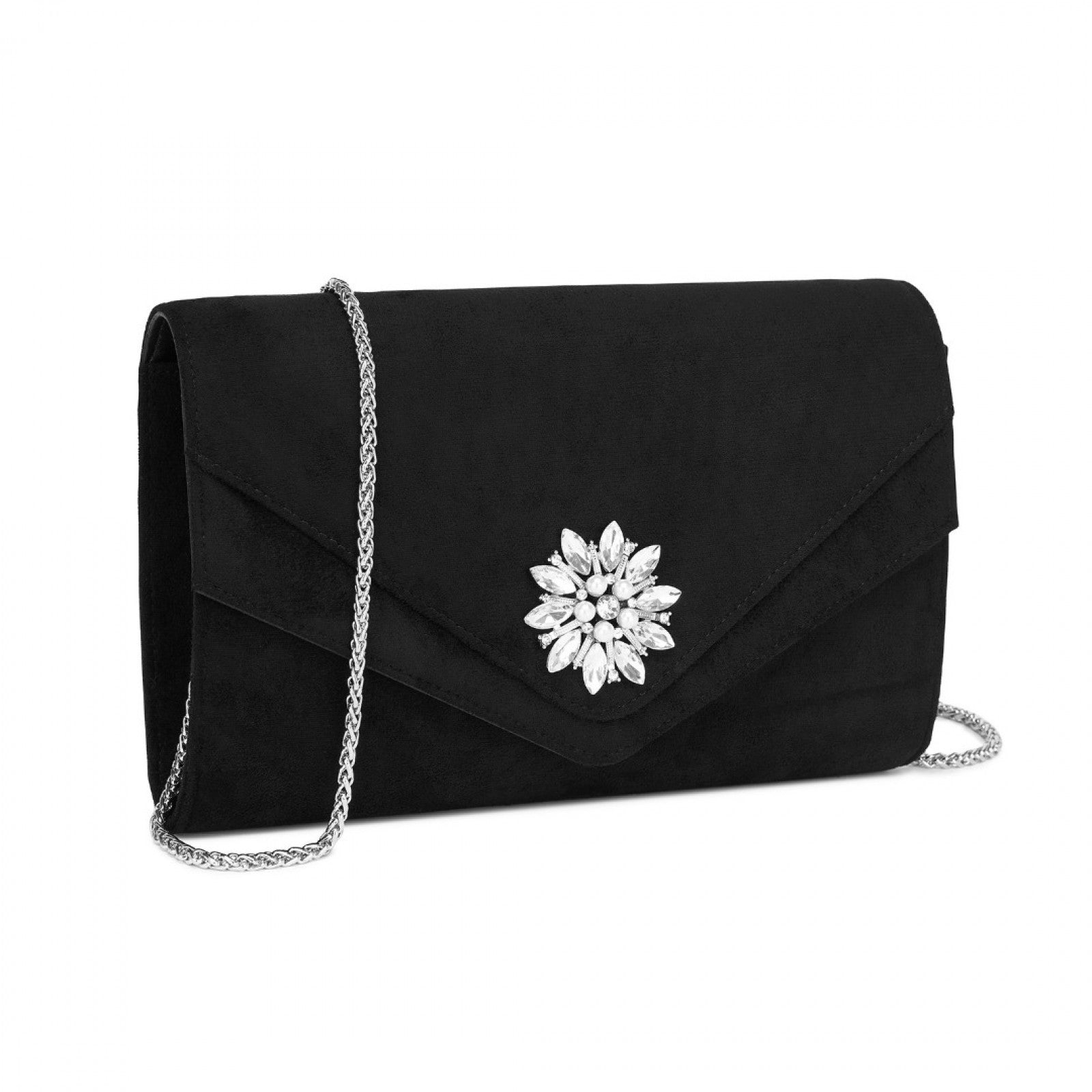 Miss Lulu Elegant Faux Suede Evening Clutch with Crystal Flower & Detachable Chain Strap - Black