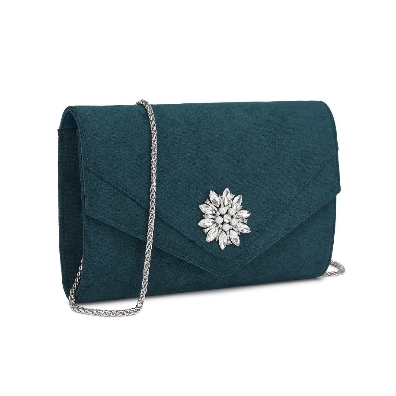 Miss Lulu Elegant Faux Suede Evening Clutch with Crystal Flower & Detachable Chain Strap - Navy