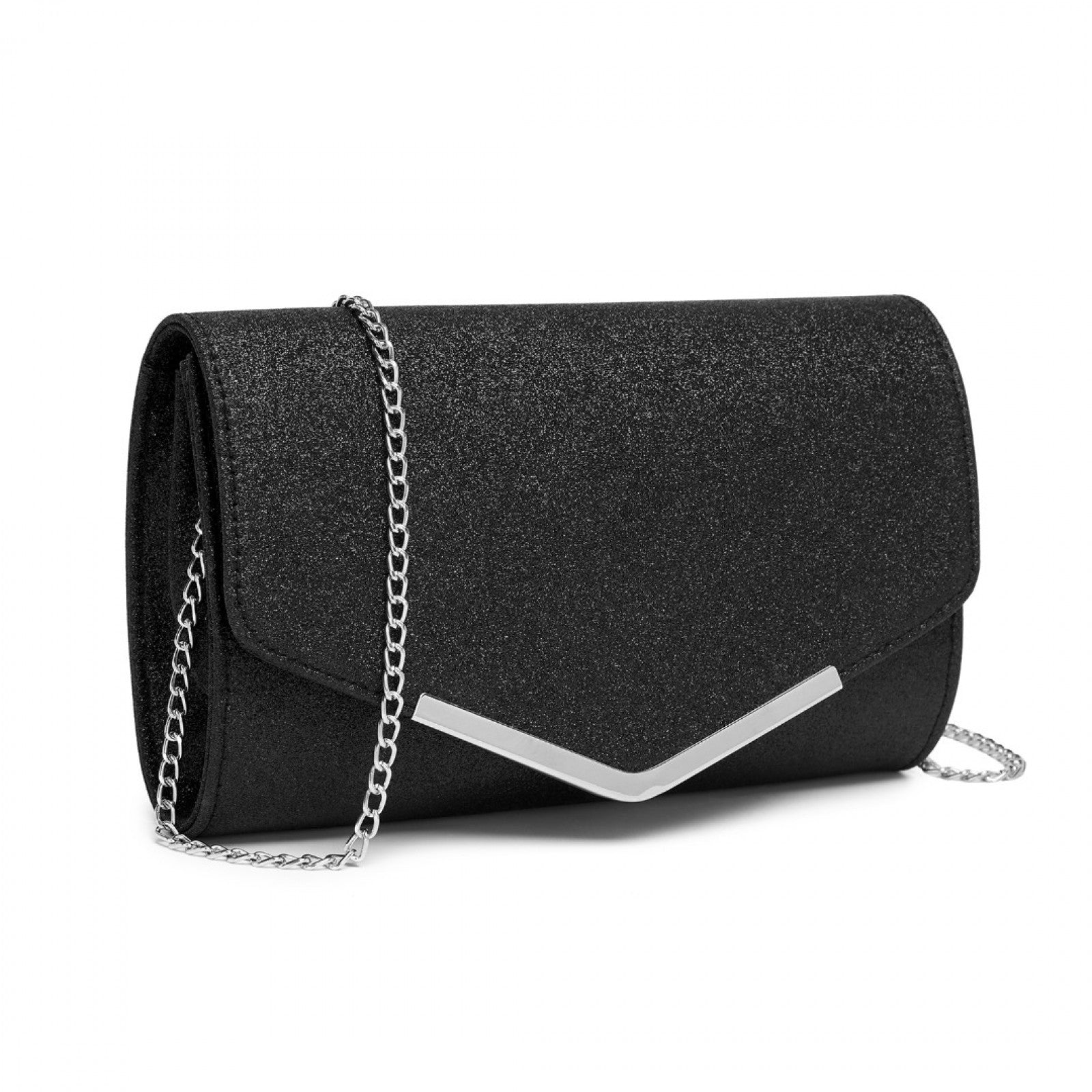 Miss Lulu Women's Glitter Envelope Clutch with V-Metal Trim & Detachable Chain Strap - Black