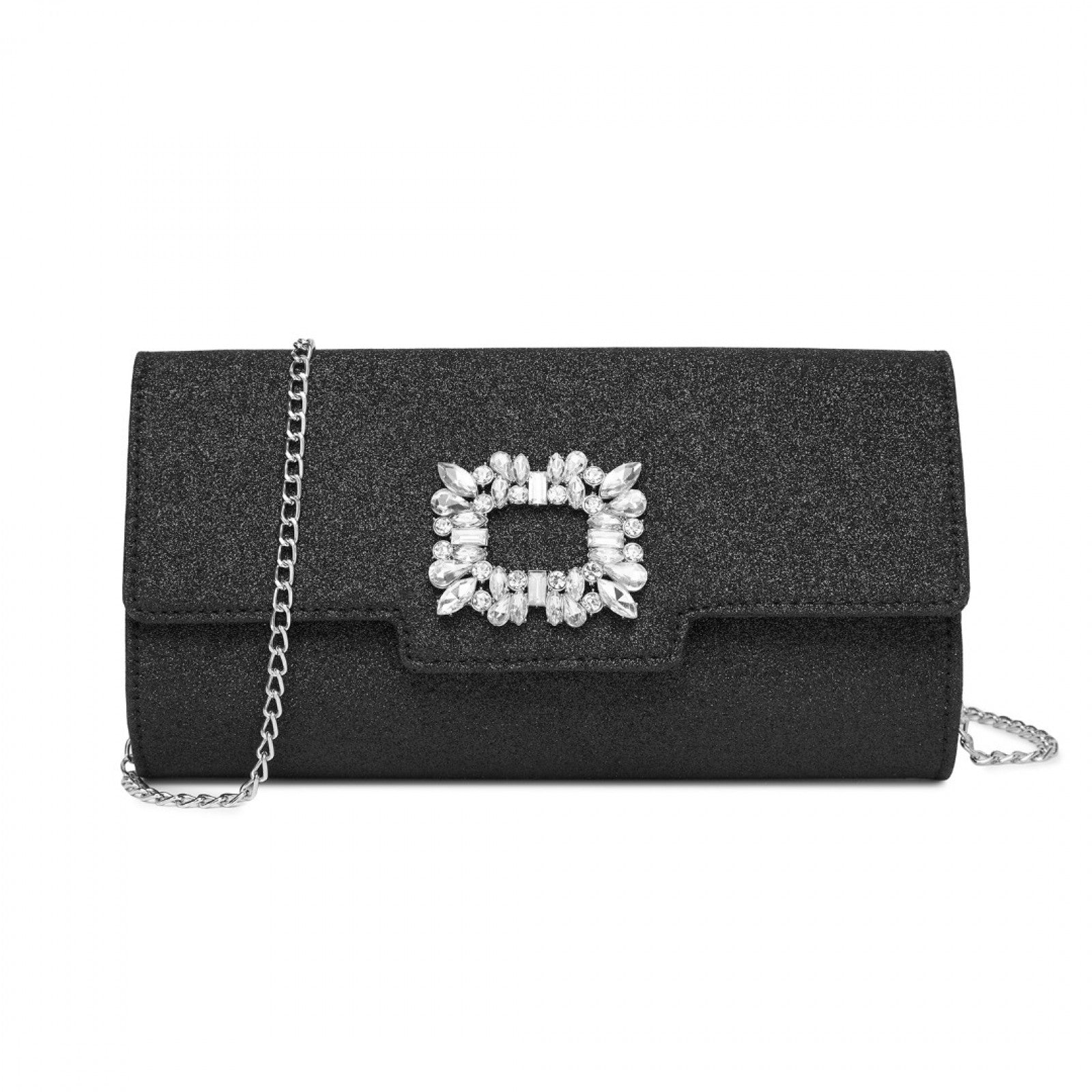 Miss Lulu Glitter Evening Clutch with Crystal Embellishment & Detachable Chain Strap - Elegant Crossbody or Handheld Bag - Black