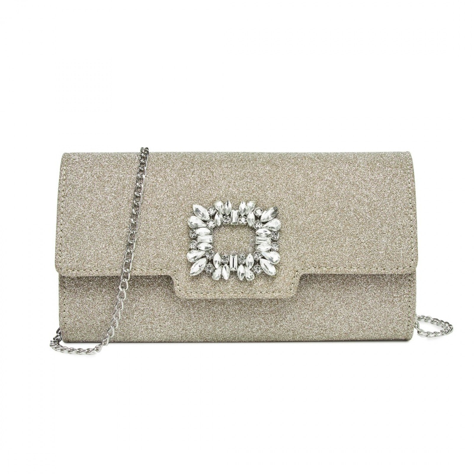 Miss Lulu Glitter Evening Clutch with Crystal Embellishment & Detachable Chain Strap - Elegant Crossbody or Handheld Bag - Gold