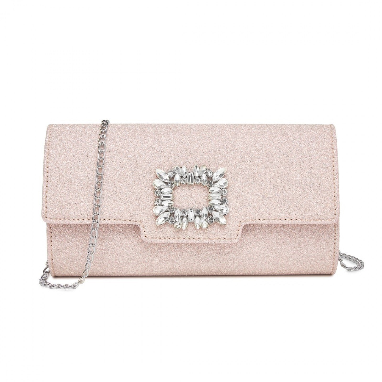 Miss Lulu Glitter Evening Clutch with Crystal Embellishment & Detachable Chain Strap - Elegant Crossbody or Handheld Bag - Pink