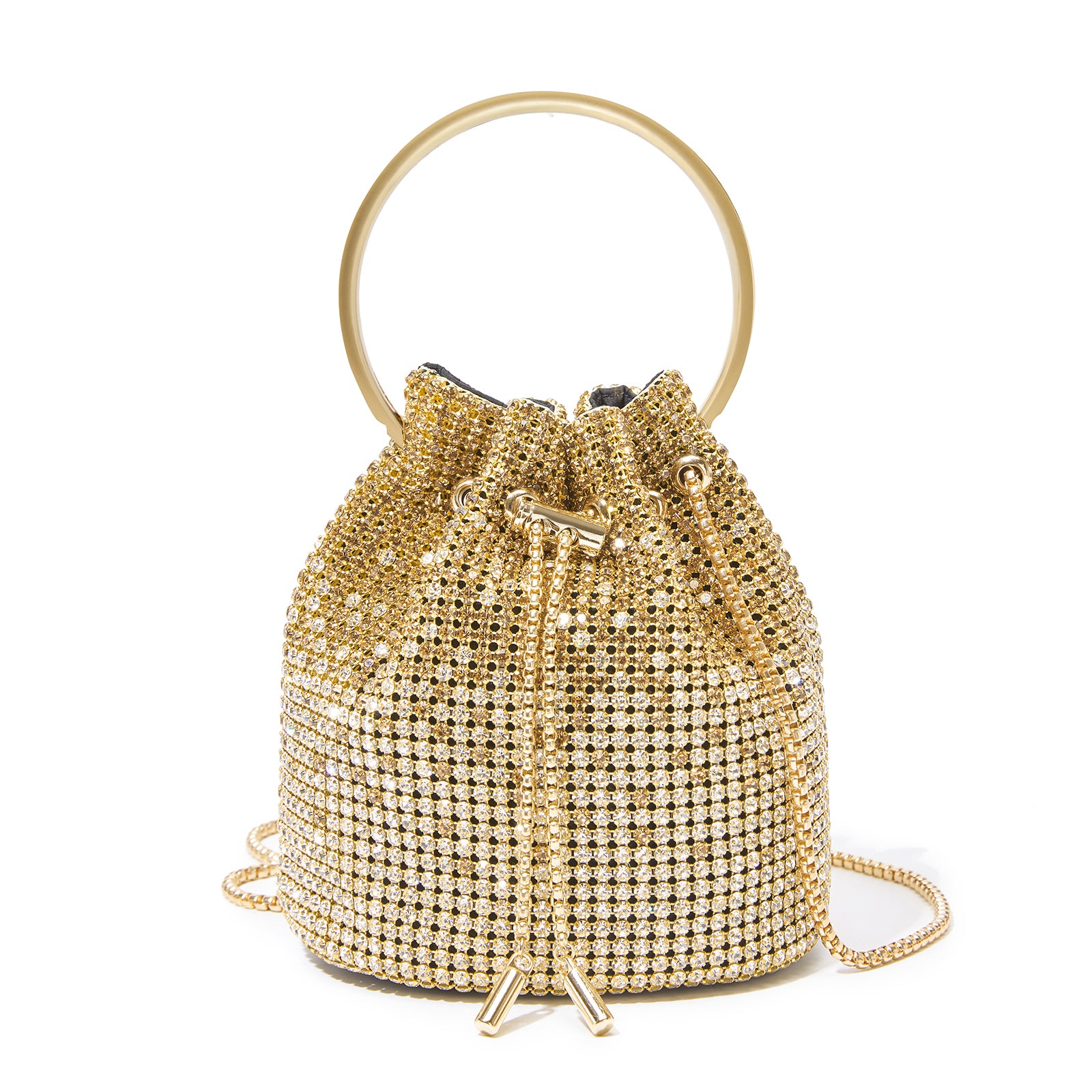Women's Rhinestone Evening Bag – Sparkly Handbag with Metal Ring Handle and Chain Crossbody Strap - Gold