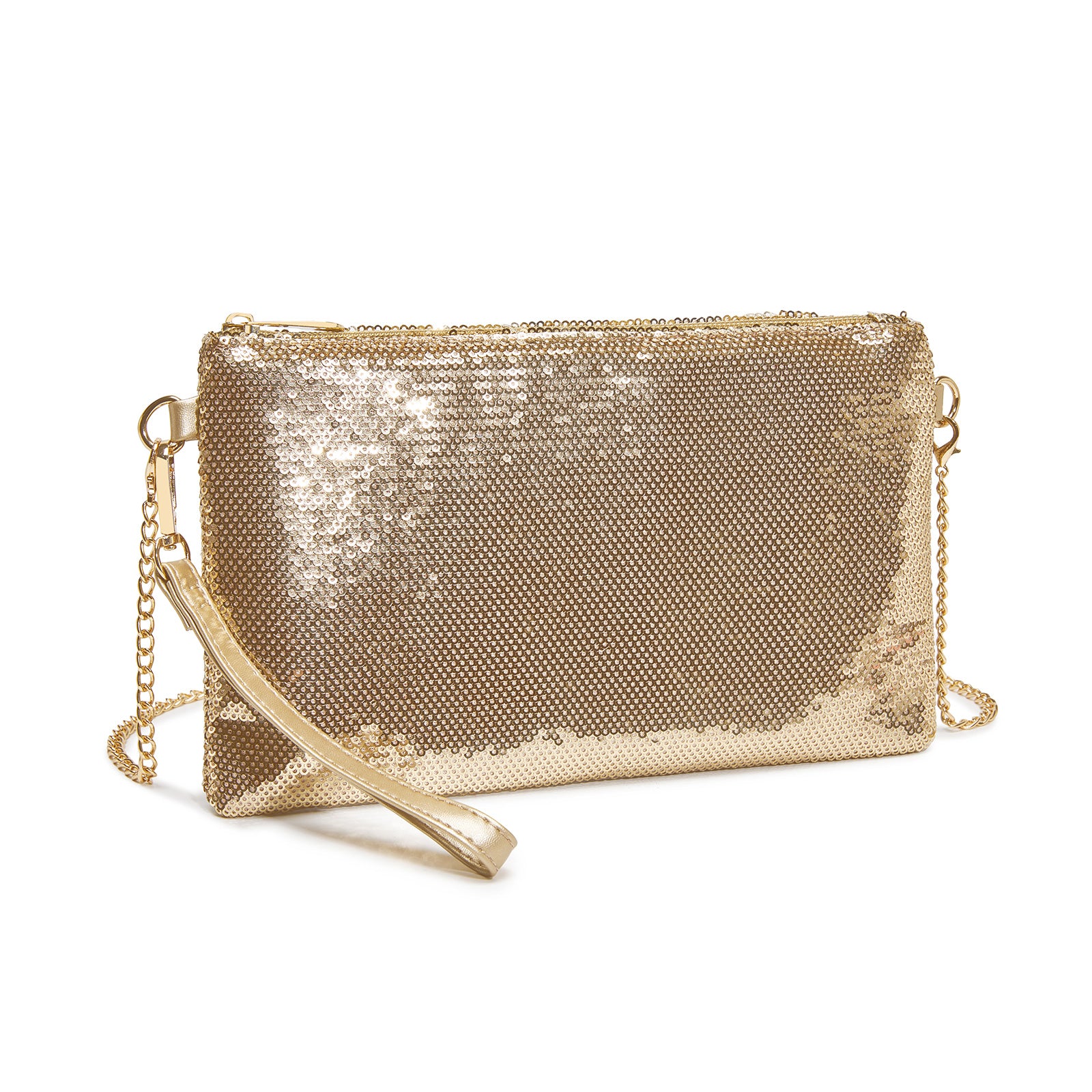 Glam Sparkle Sequin Evening Clutch-Sleek, Shimmering Wristlet & Crossbody - Light Gold