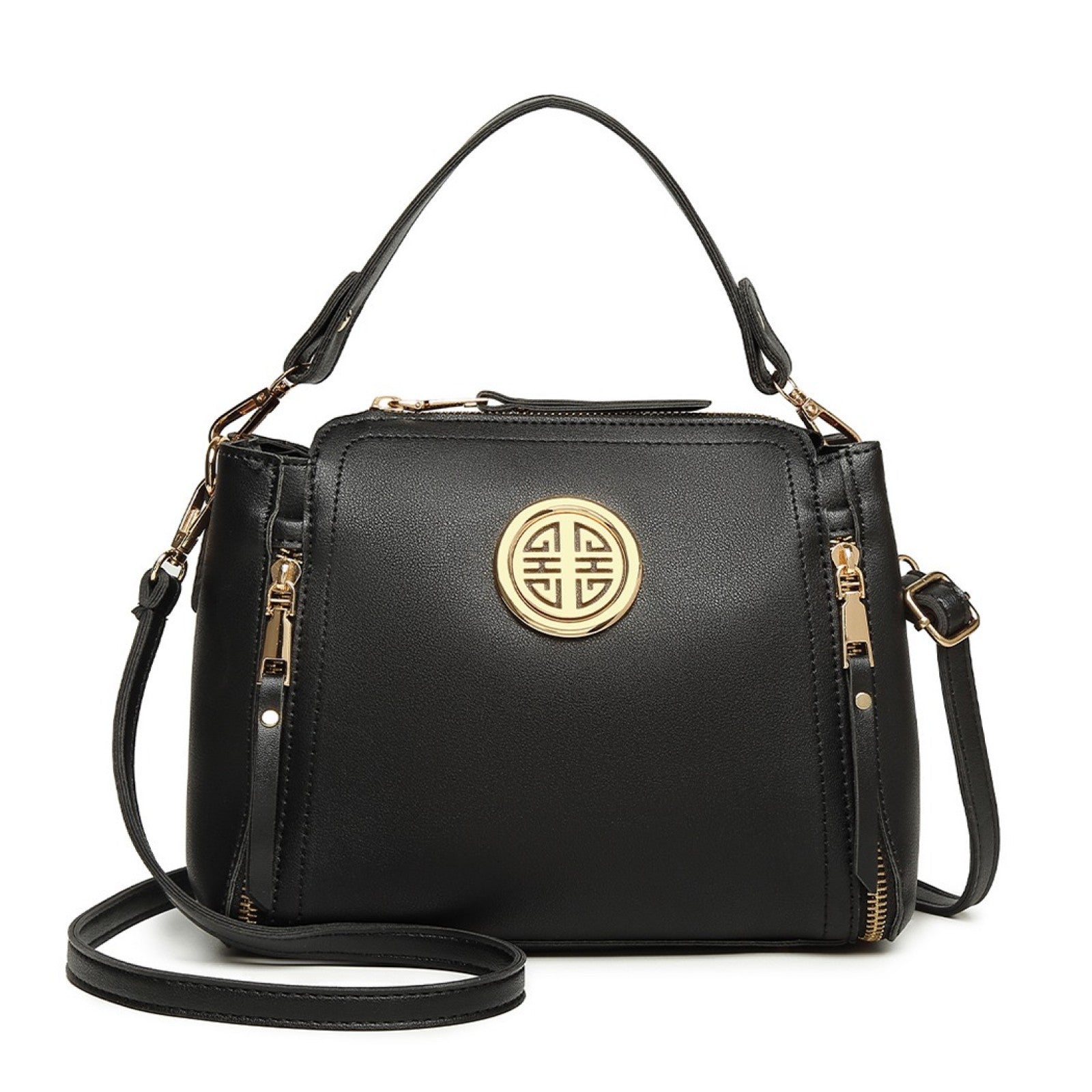 Miss Lulu Leather Look Dual Zipped Handbag - Black
