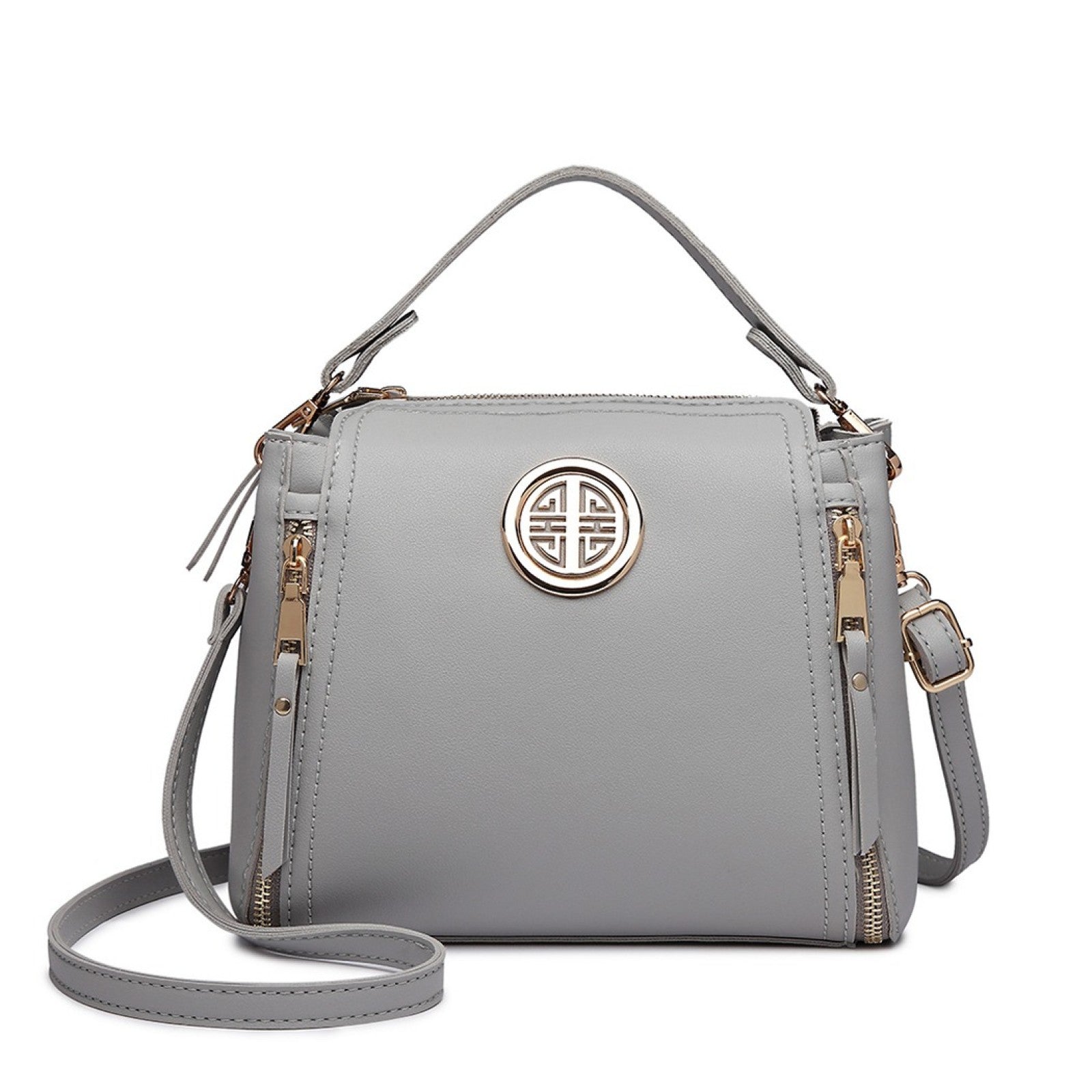 Miss Lulu Leather Look Dual Zipped Handbag - Grey