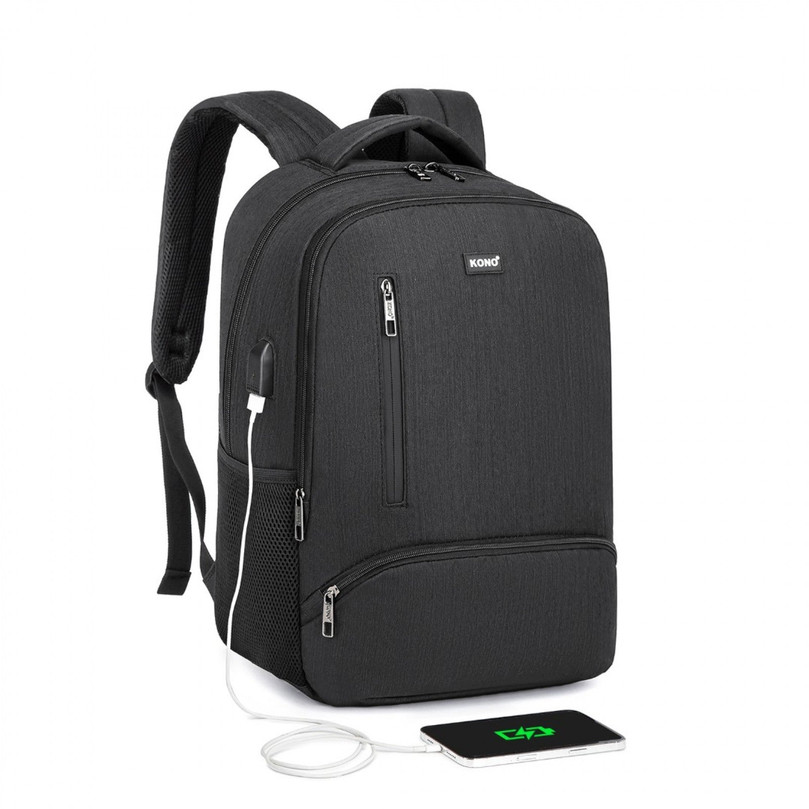 Kono Multi Compartment Backpack with USB Connectivity - Black