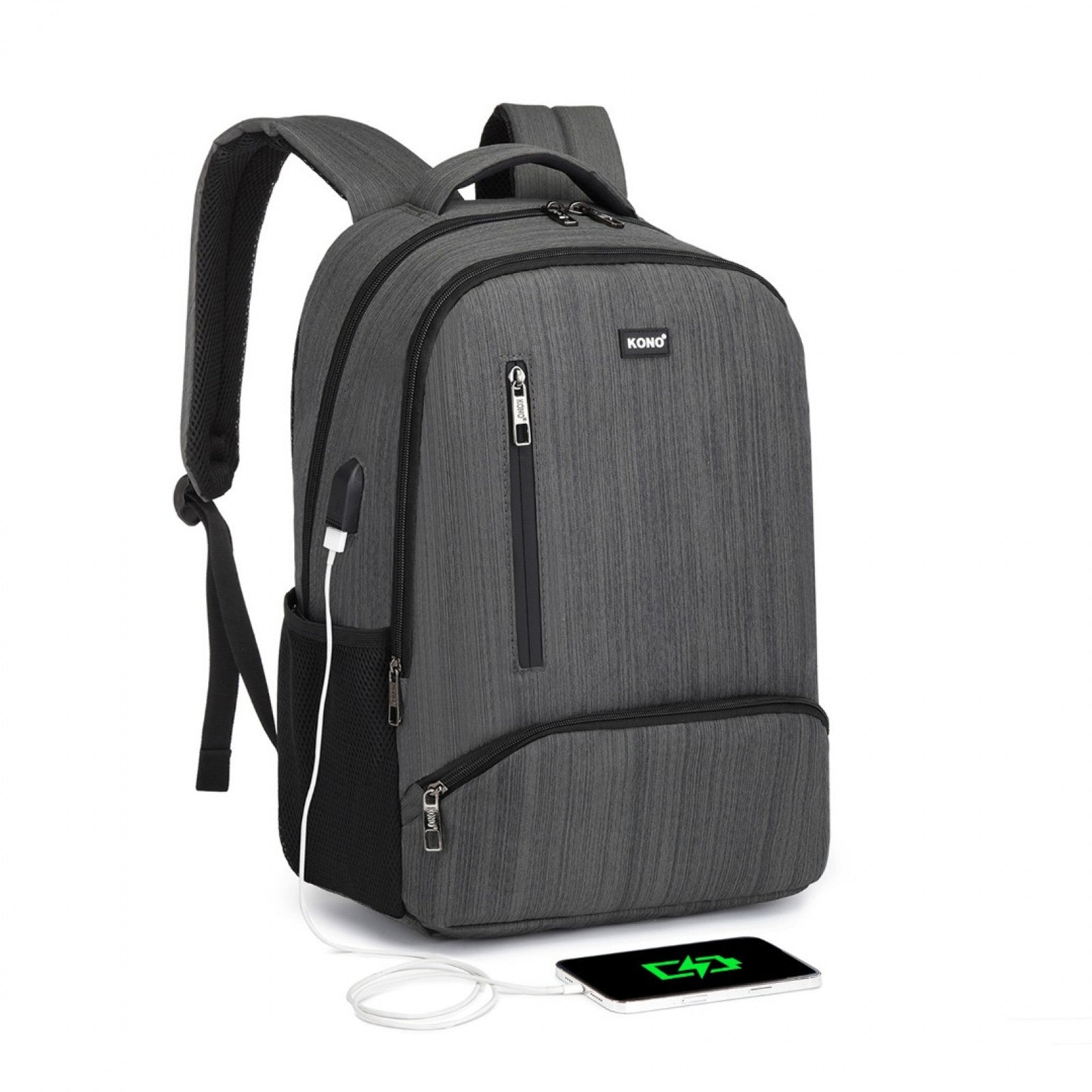 Kono Multi Compartment Backpack with USB Connectivity - Grey