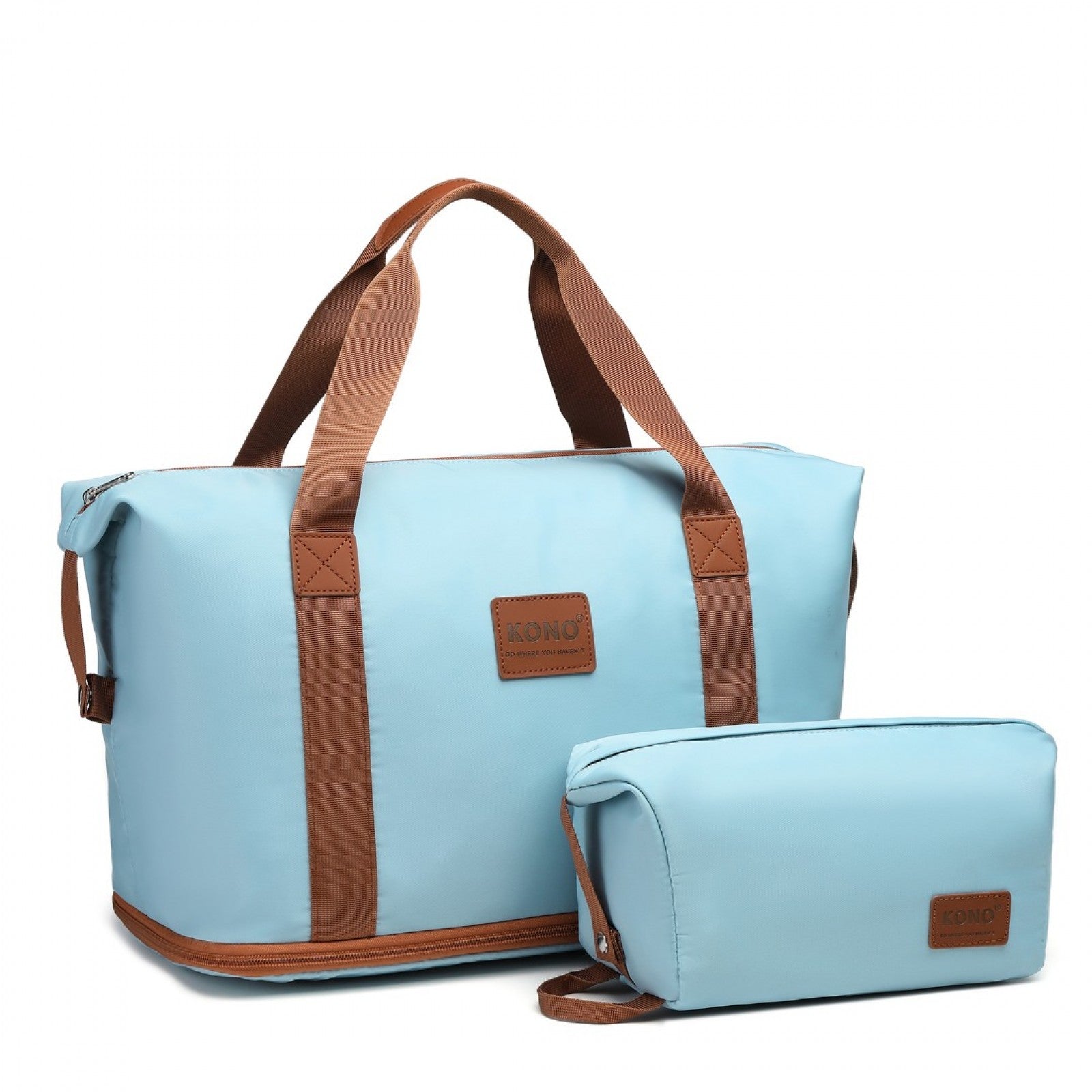 Kono Two Pieces Expandable Durable Waterproof Travel Duffel Bag Set - Grayish Blue And Brown