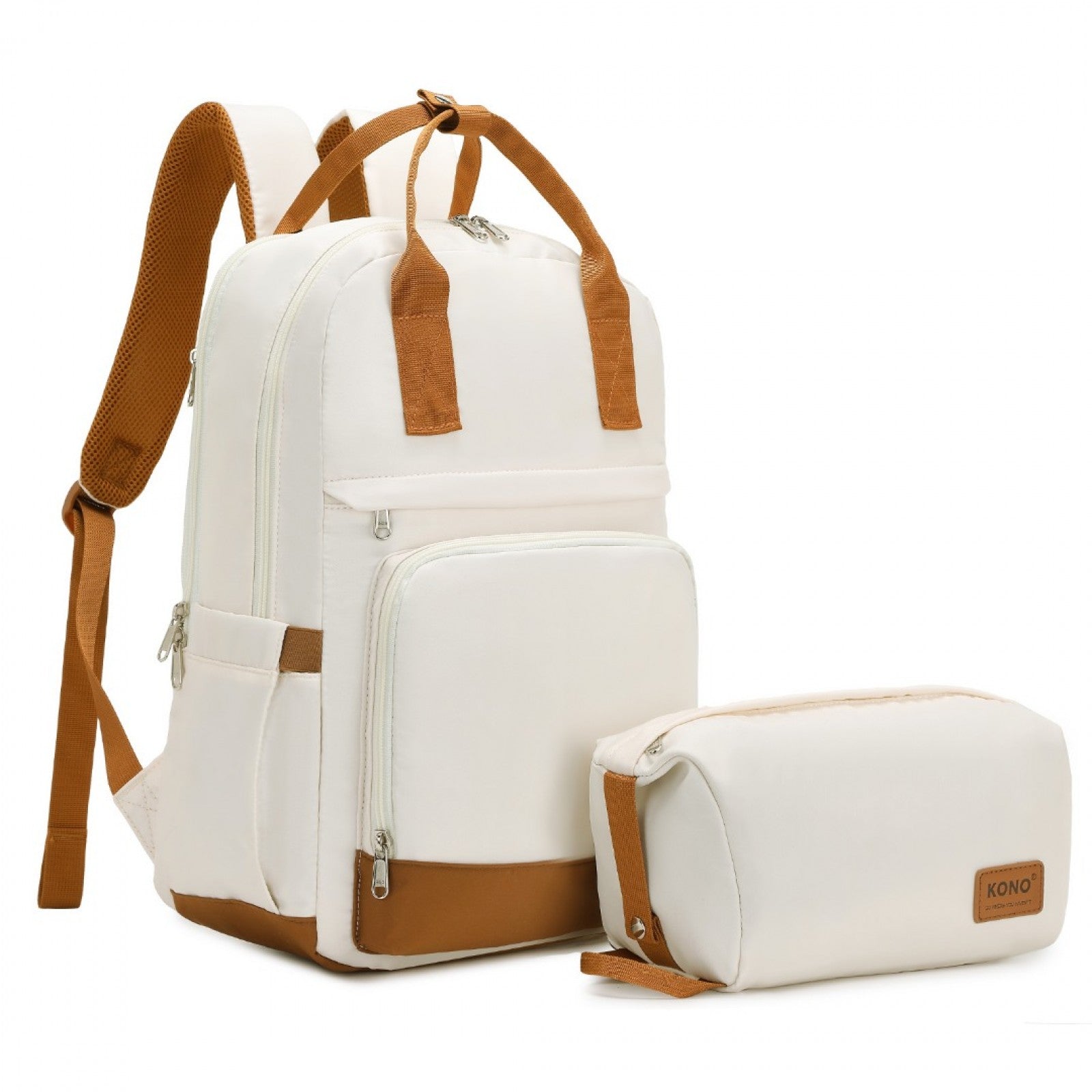 Kono Multi-Compartment Laptop Backpack with Type-C USB Charging Port and Small Pouch for Daily Commute and Travel - Cream And Brown