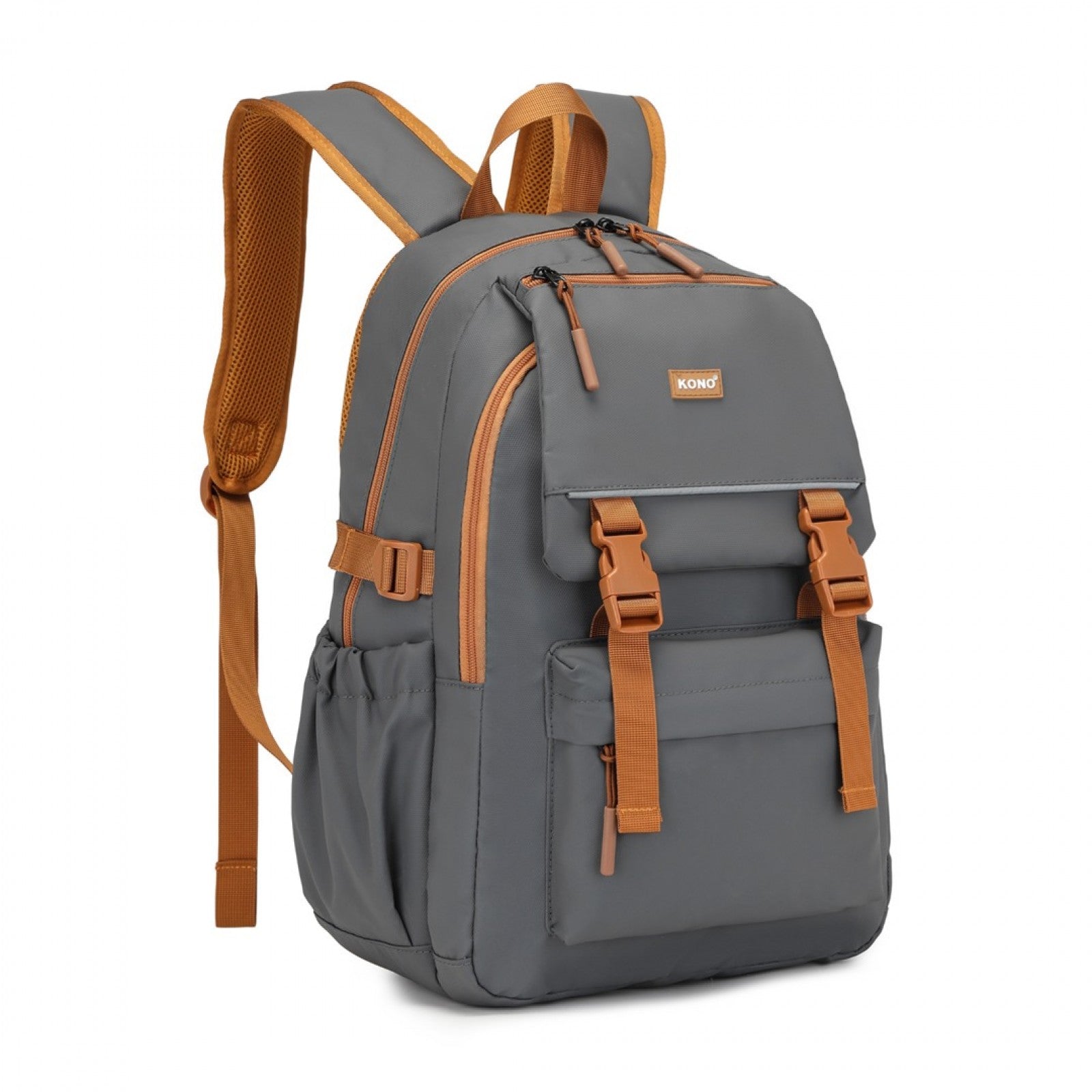 Kono PVC Coated Urban Water-Resistant Backpack with Reflective Safety Straps and Multi-Compartment Design - Grey and Brown